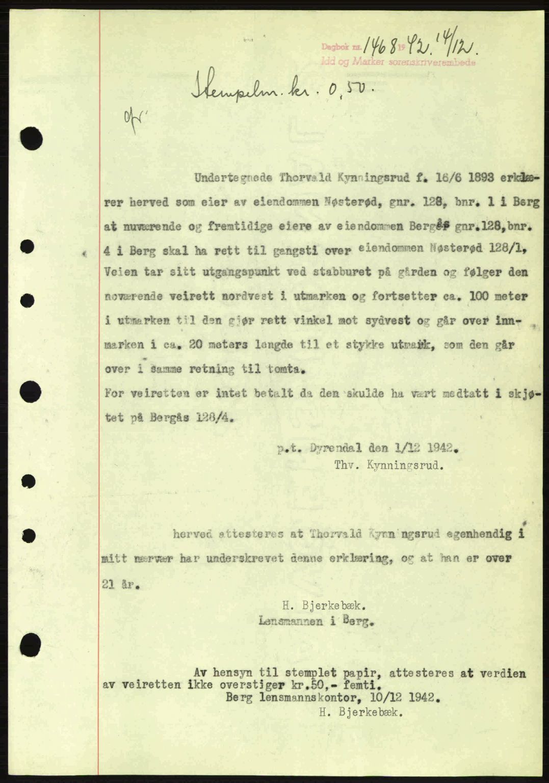 Idd og Marker sorenskriveri, AV/SAO-A-10283/G/Gb/Gbb/L0005: Mortgage book no. A5, 1941-1943, Diary no: : 1468/1942