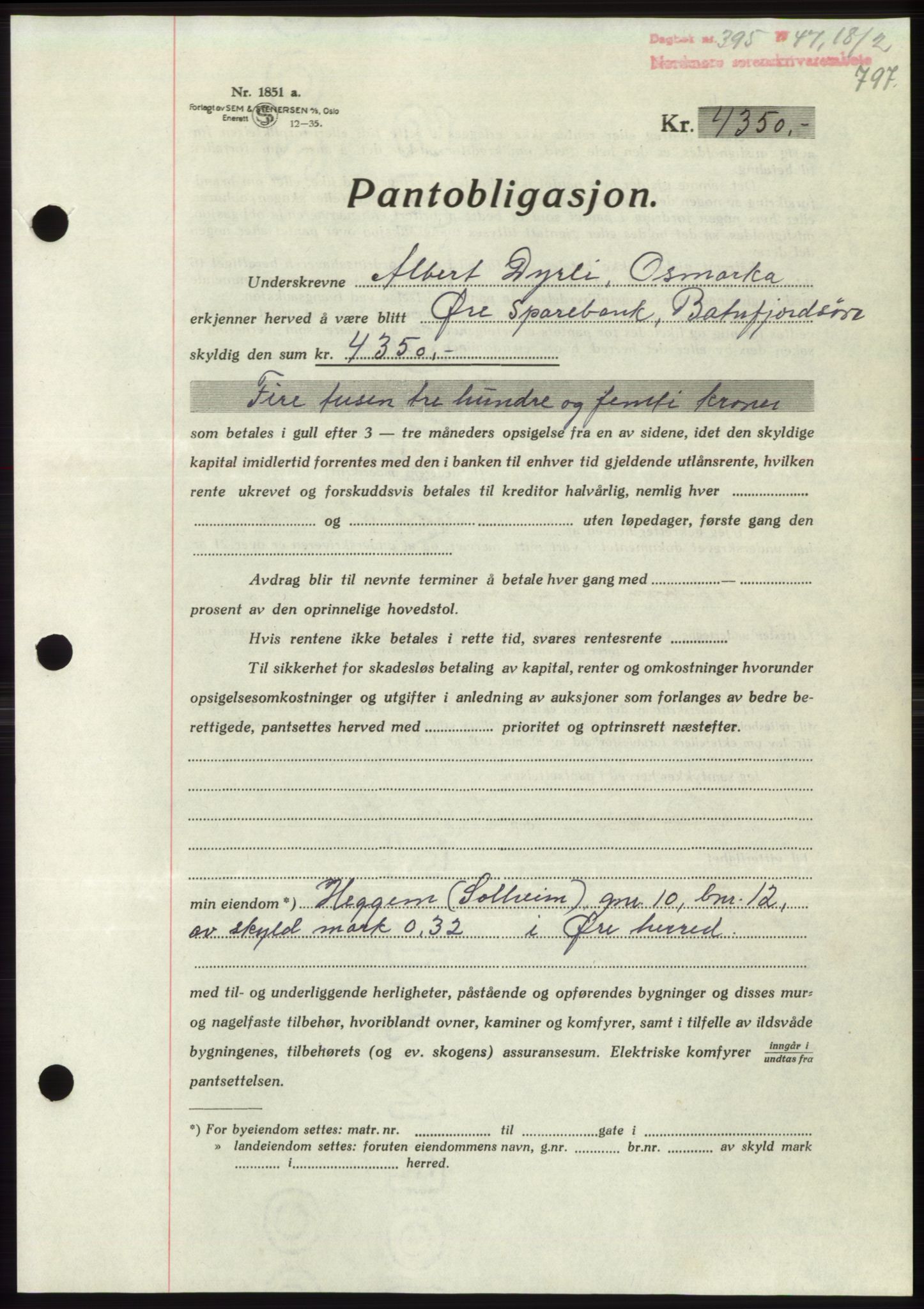 Nordmøre sorenskriveri, AV/SAT-A-4132/1/2/2Ca: Mortgage book no. B95, 1946-1947, Diary no: : 395/1947