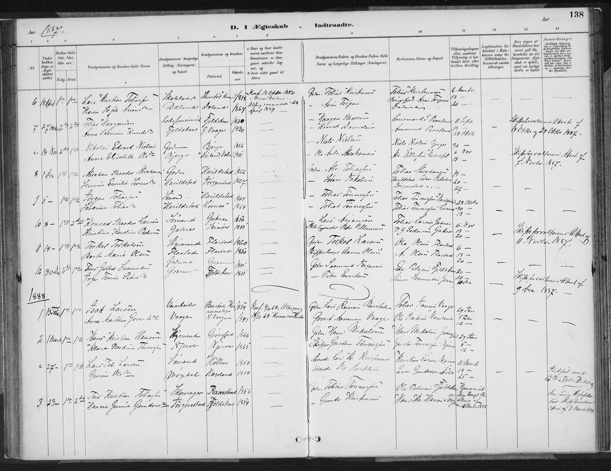 Sør-Audnedal sokneprestkontor, SAK/1111-0039/F/Fa/Faa/L0004: Parish register (official) no. A 4, 1884-1909, p. 138