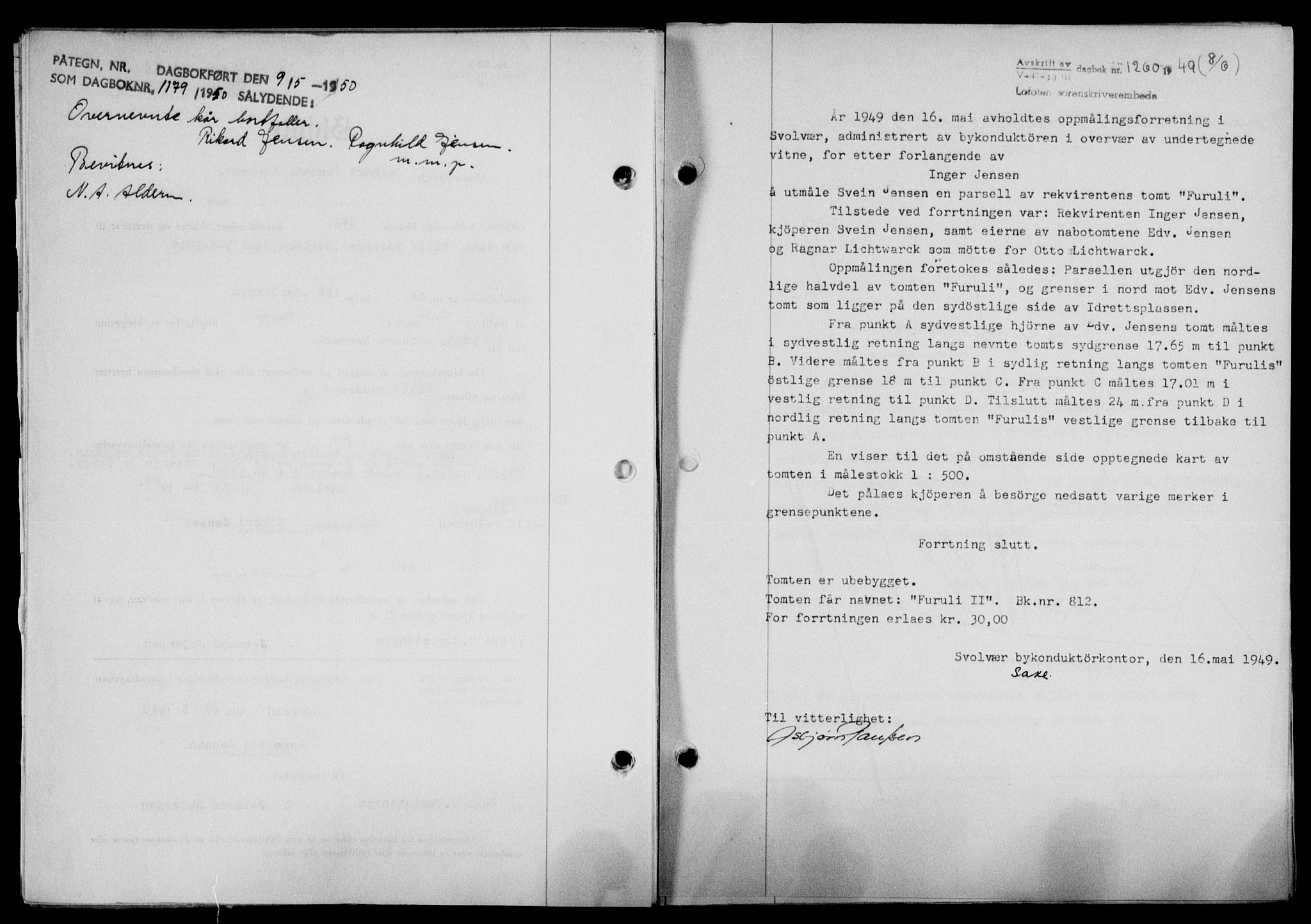 Lofoten sorenskriveri, SAT/A-0017/1/2/2C/L0021a: Mortgage book no. 21a, 1949-1949, Diary no: : 1260/1949