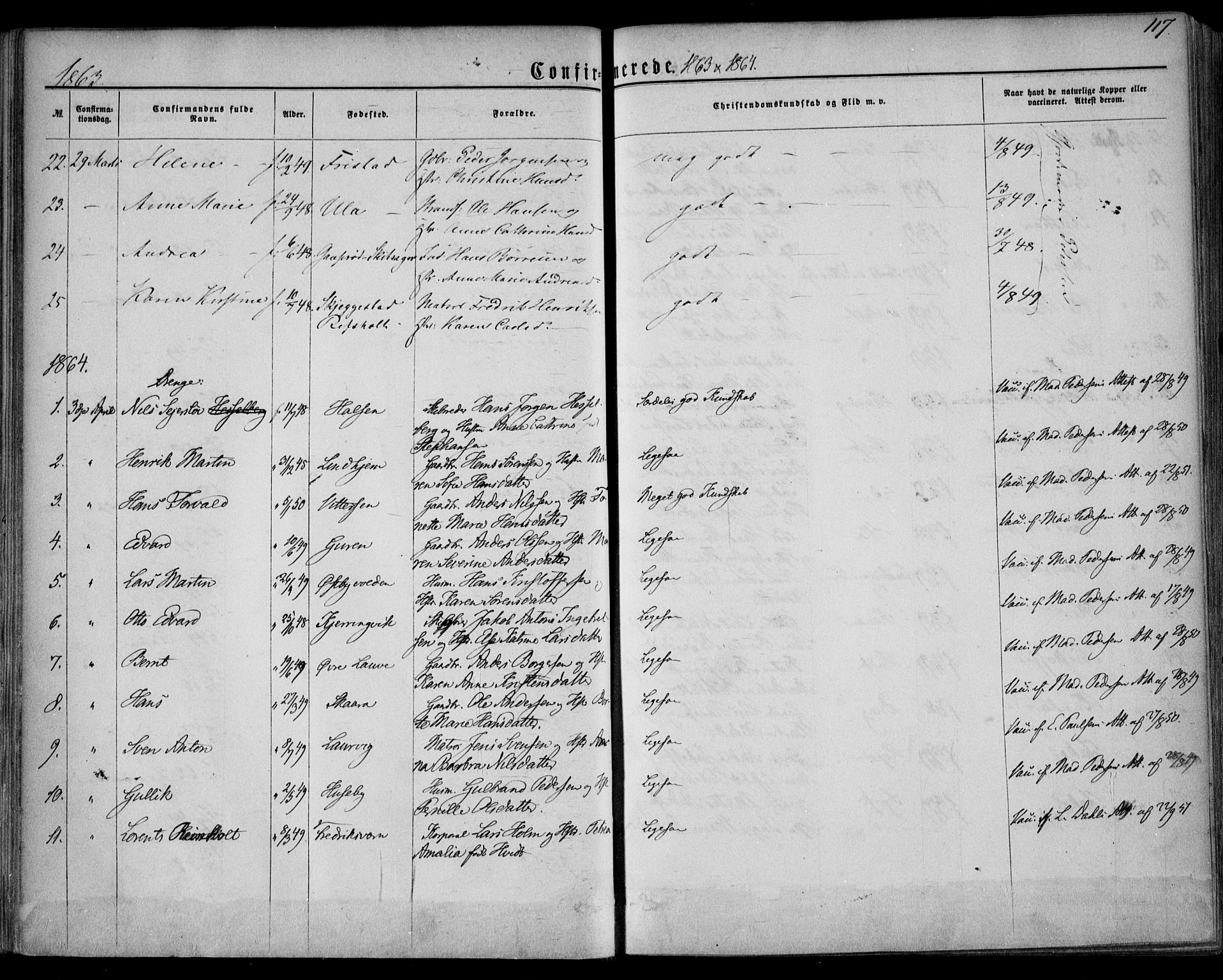 Tjølling kirkebøker, SAKO/A-60/F/Fa/L0007: Parish register (official) no. 7, 1860-1876, p. 117