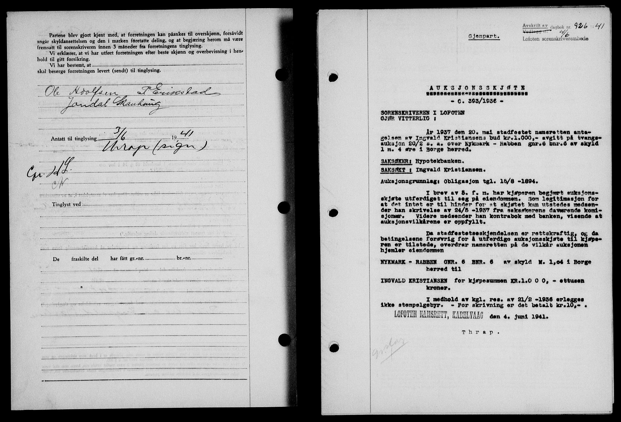 Lofoten sorenskriveri, SAT/A-0017/1/2/2C/L0008a: Mortgage book no. 8a, 1940-1941, Diary no: : 926/1941