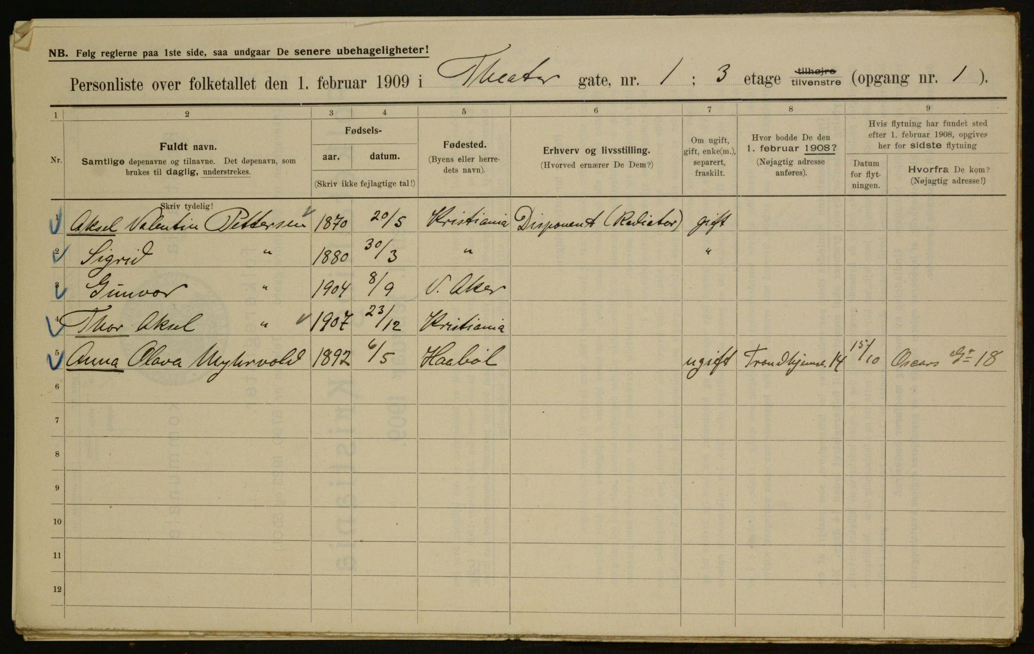 OBA, Municipal Census 1909 for Kristiania, 1909, p. 96957