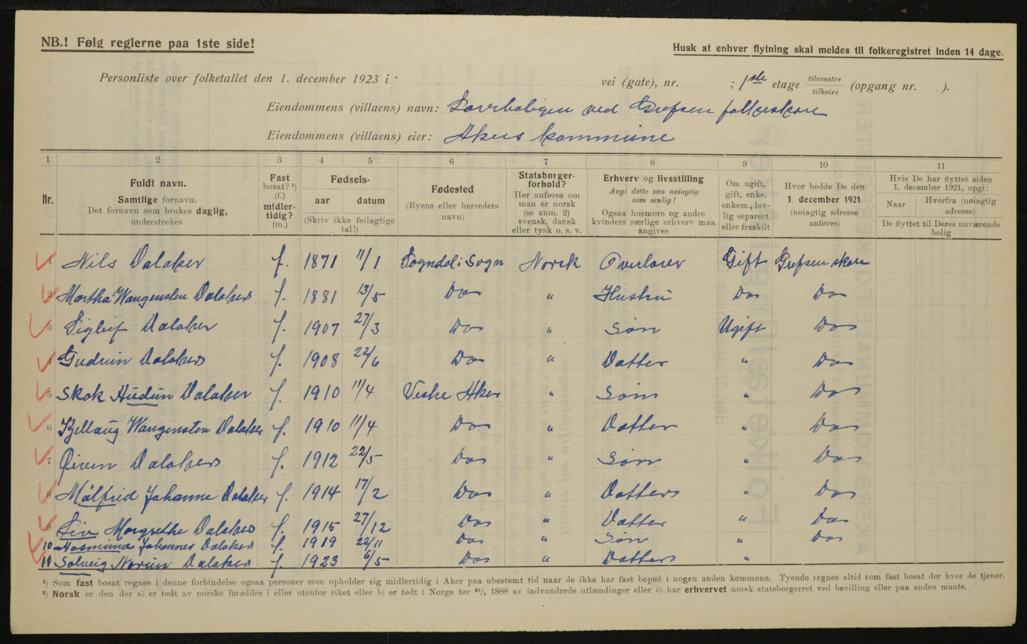 , Municipal Census 1923 for Aker, 1923, p. 12234