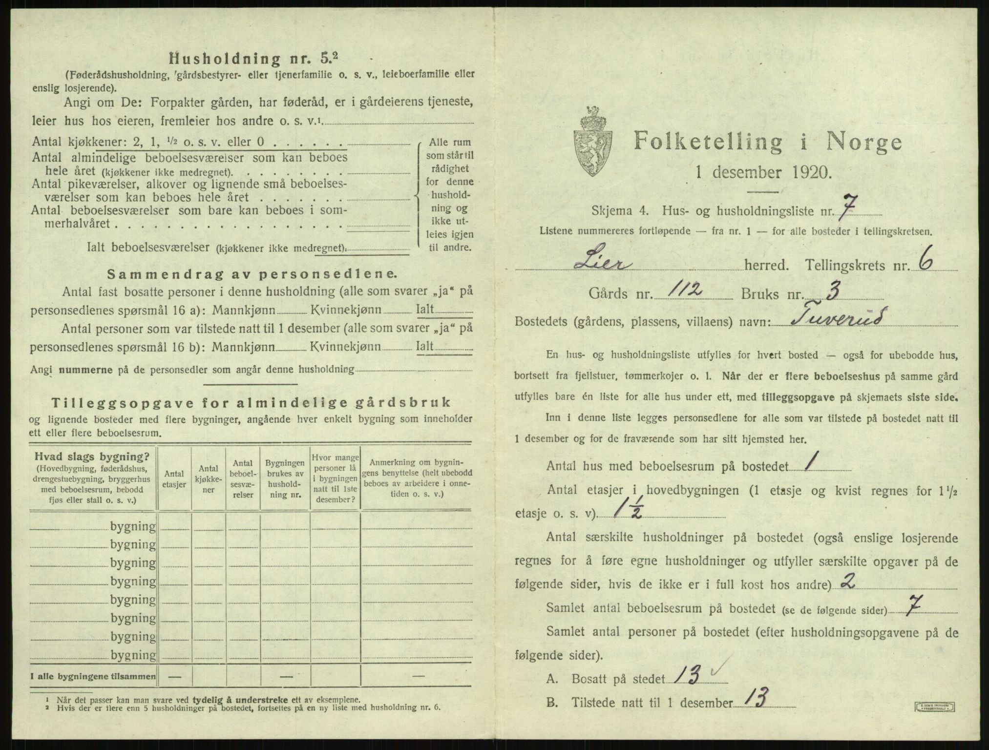 SAKO, 1920 census for Lier, 1920, p. 852