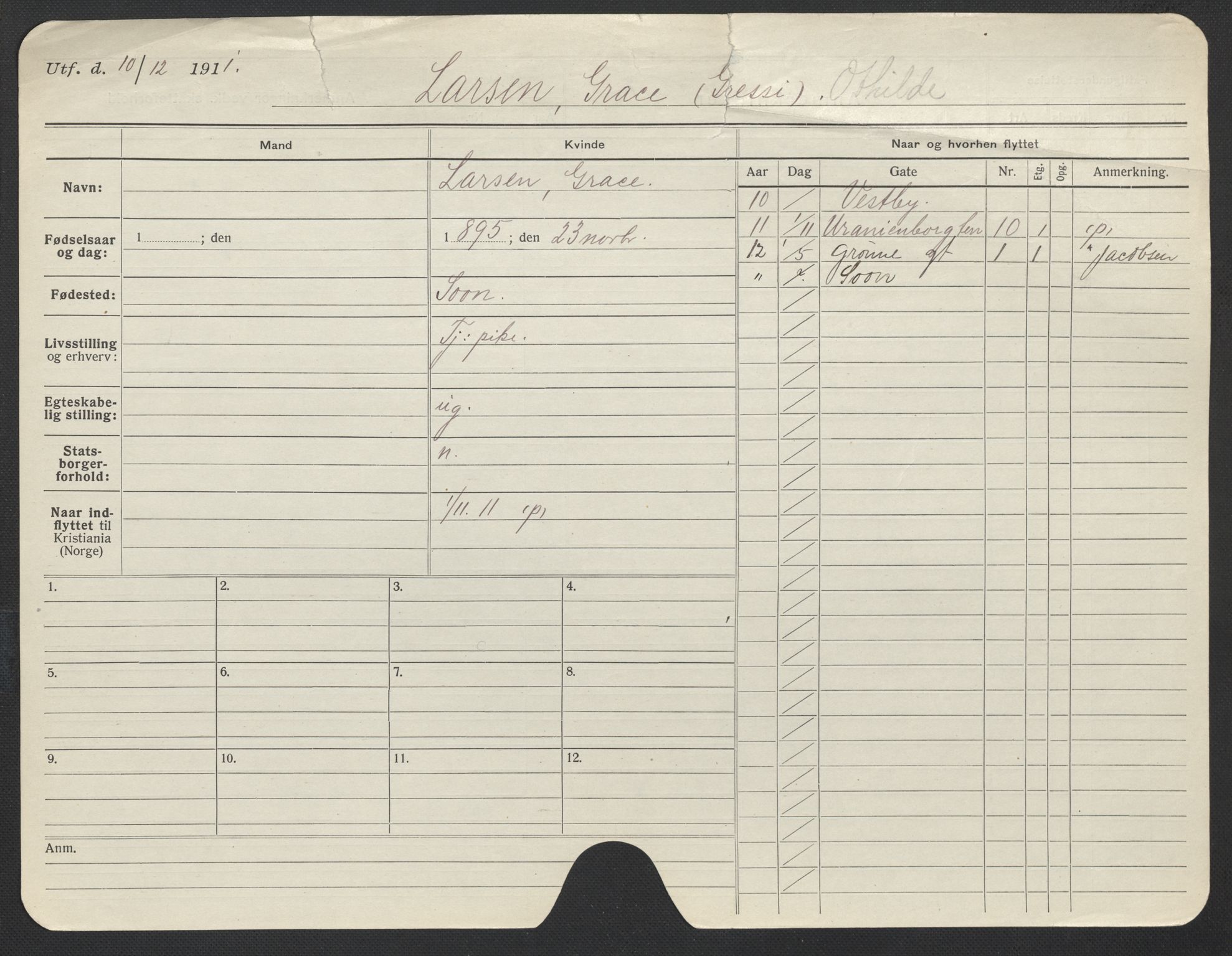 Oslo folkeregister, Registerkort, AV/SAO-A-11715/F/Fa/Fac/L0019: Kvinner, 1906-1914, p. 888a