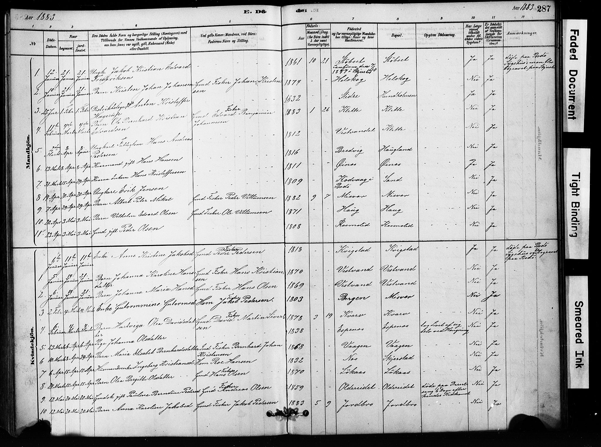 Ministerialprotokoller, klokkerbøker og fødselsregistre - Nordland, AV/SAT-A-1459/852/L0754: Parish register (copy) no. 852C05, 1878-1894, p. 287