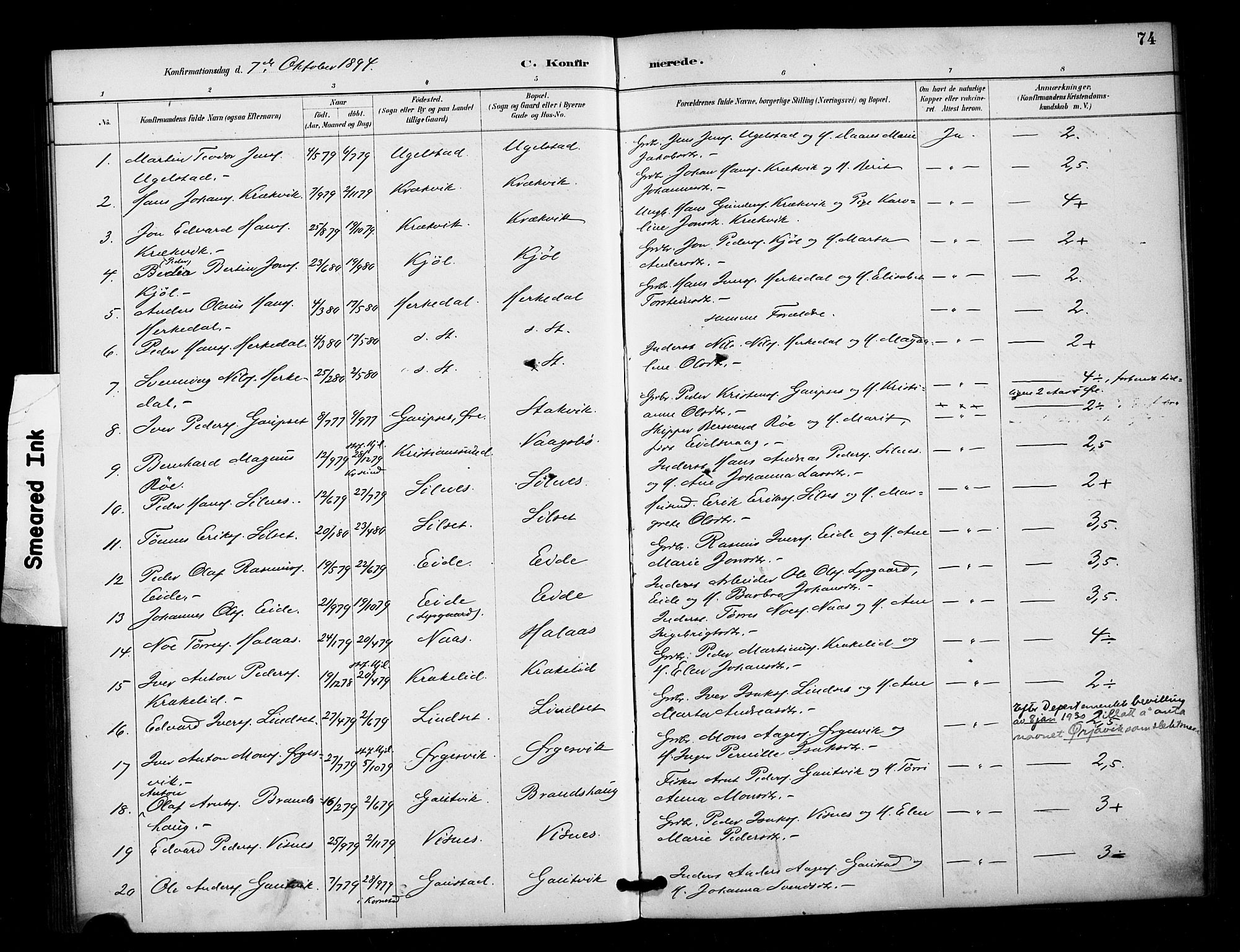 Ministerialprotokoller, klokkerbøker og fødselsregistre - Møre og Romsdal, AV/SAT-A-1454/571/L0836: Parish register (official) no. 571A01, 1884-1899, p. 74