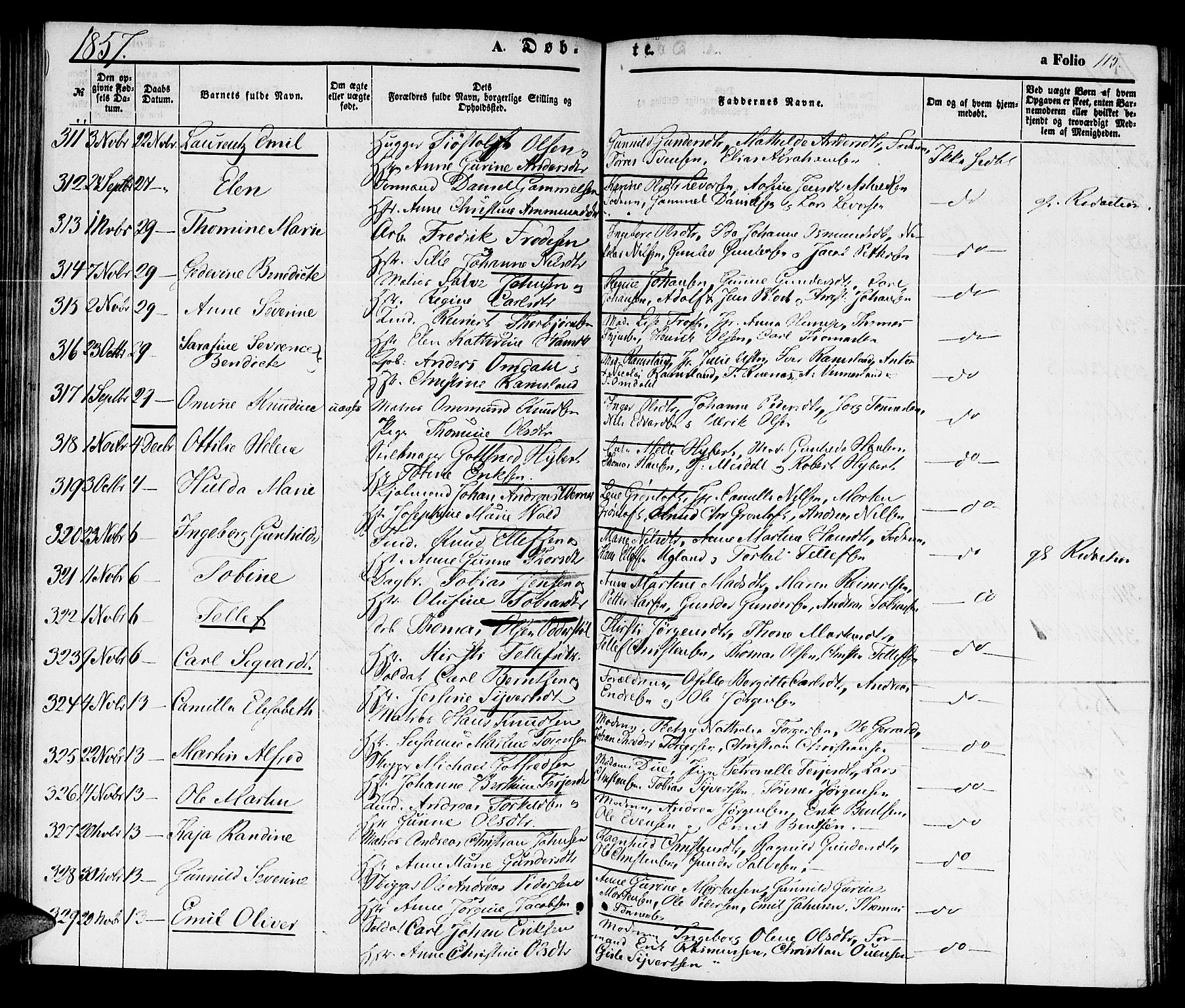 Kristiansand domprosti, SAK/1112-0006/F/Fb/L0011: Parish register (copy) no. B 11, 1851-1861, p. 115