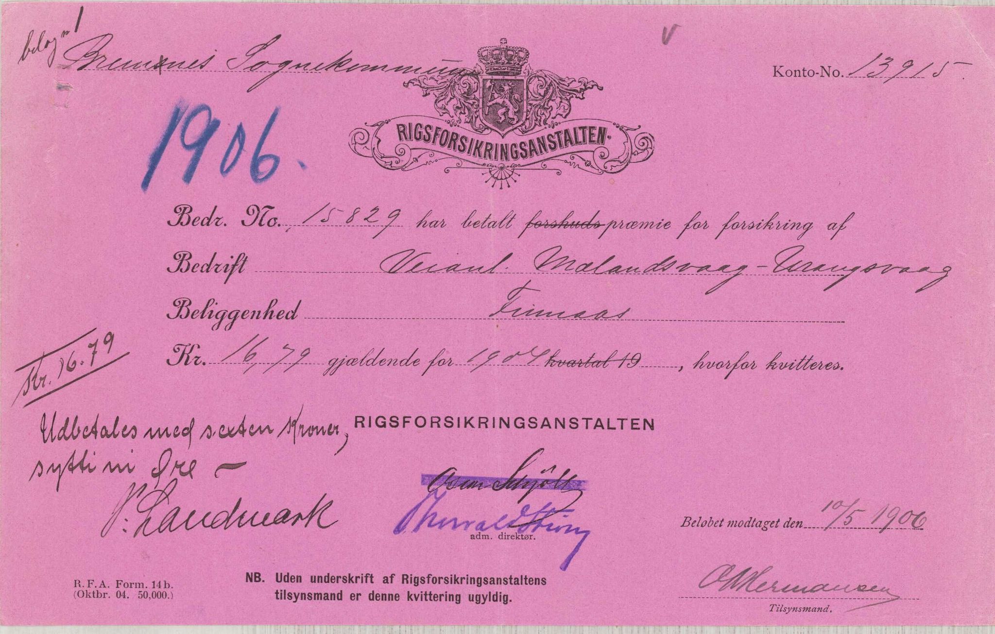 Finnaas kommune. Formannskapet, IKAH/1218a-021/E/Ea/L0002/0004: Rekneskap for veganlegg / Rekneskap for veganlegget Urangsvåg - Mælandsvåg, 1906, p. 17