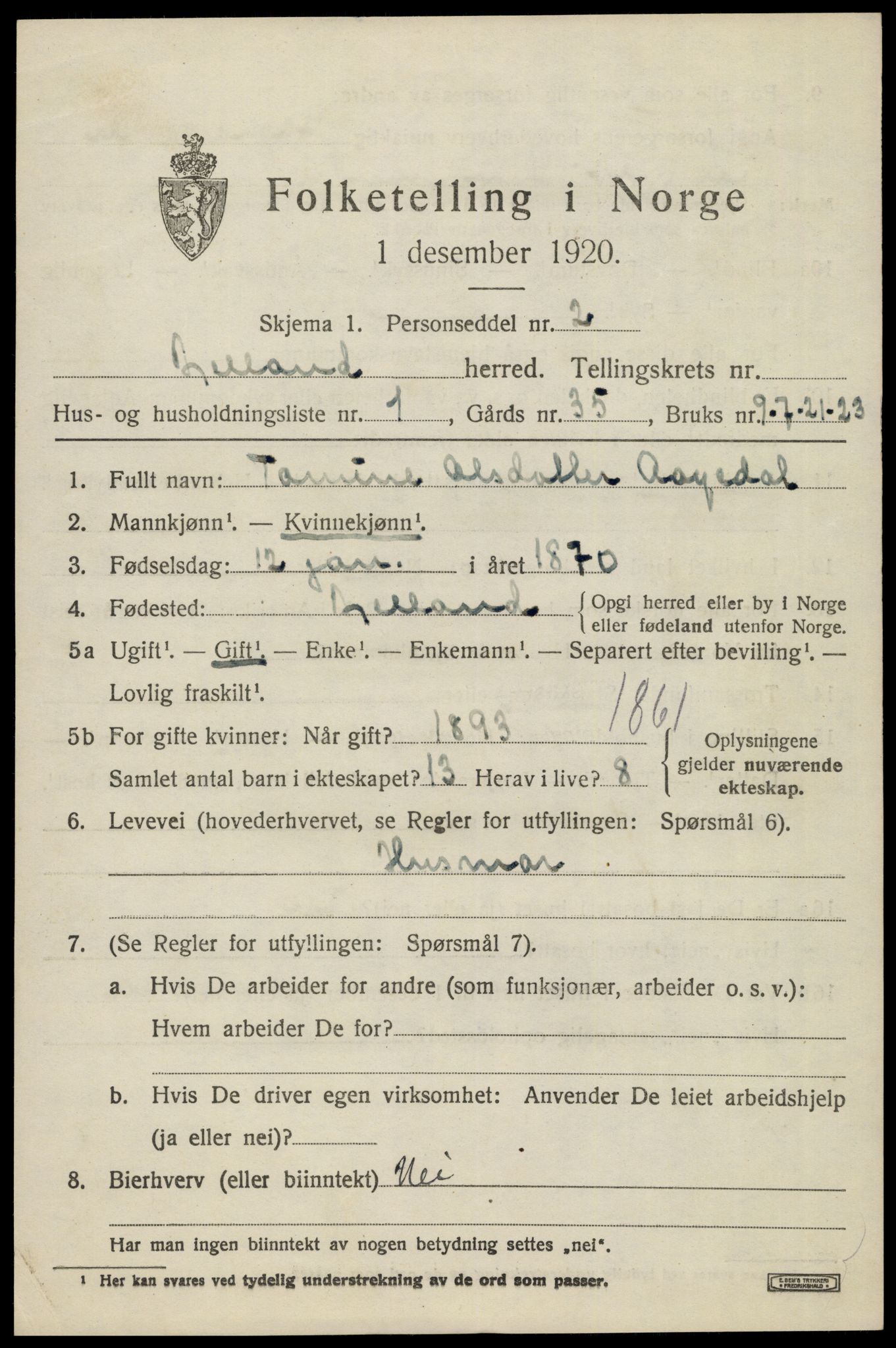 SAK, 1920 census for Bjelland, 1920, p. 1819