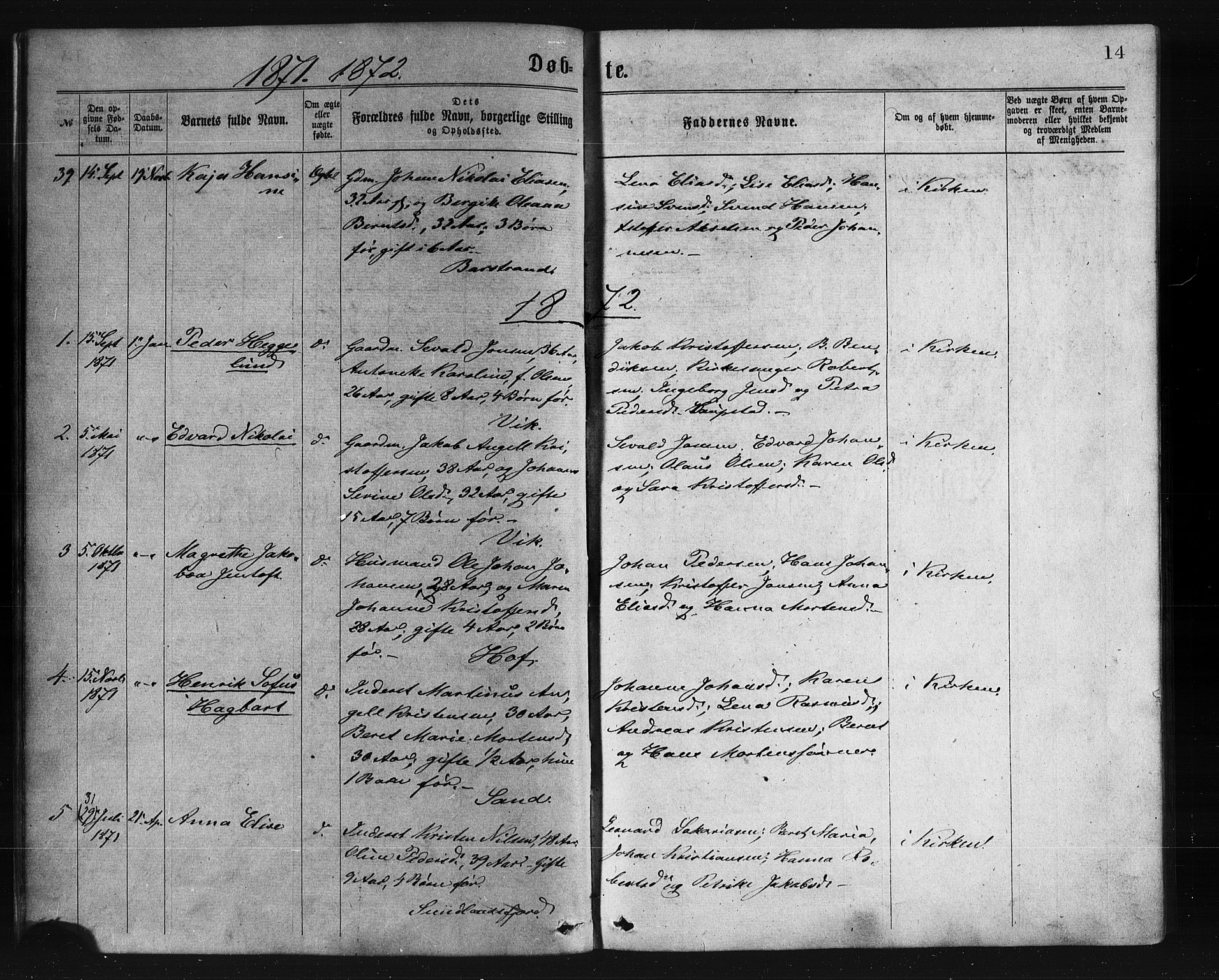 Ministerialprotokoller, klokkerbøker og fødselsregistre - Nordland, AV/SAT-A-1459/876/L1096: Parish register (official) no. 876A02, 1870-1886, p. 14