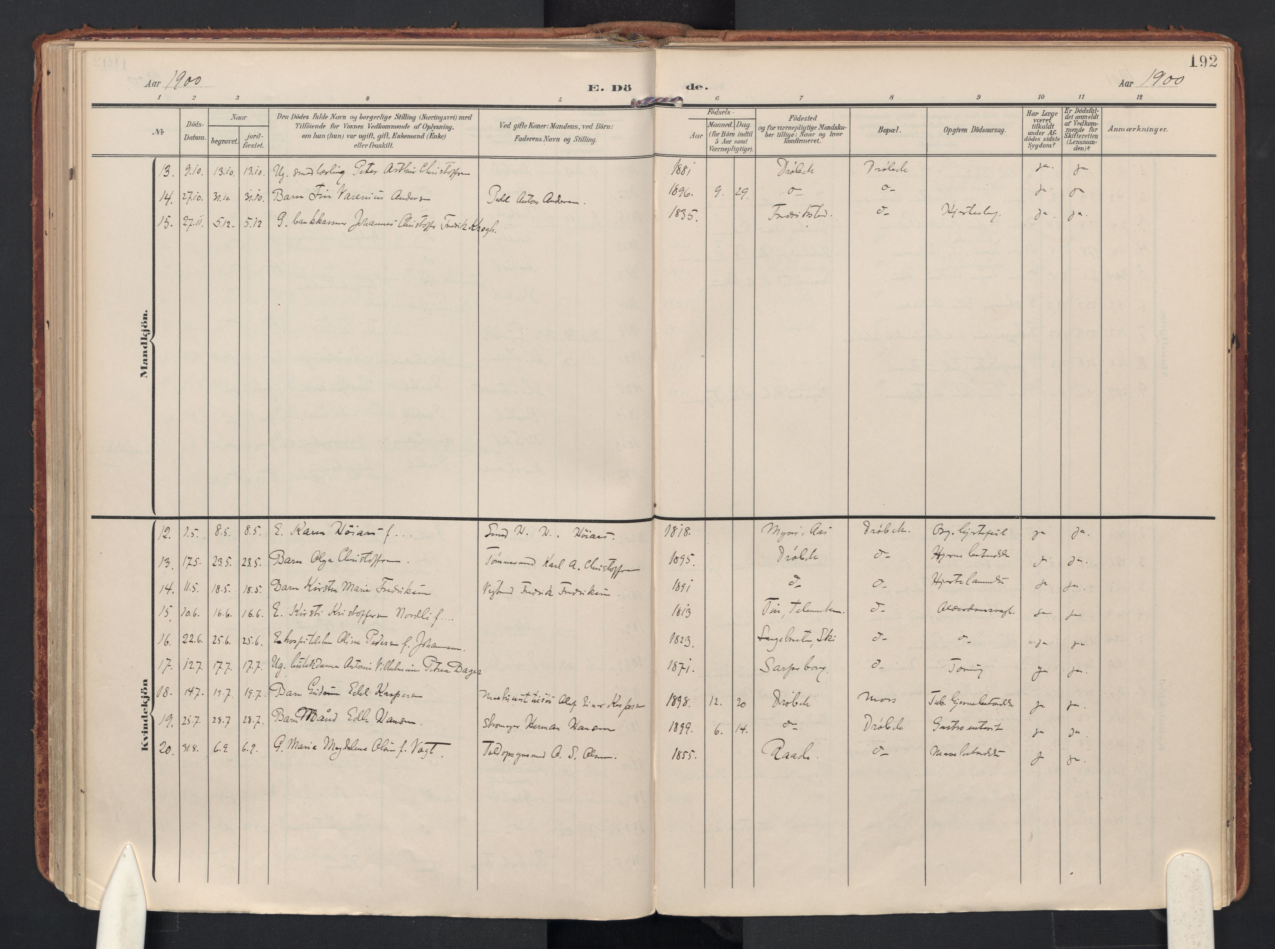 Drøbak prestekontor Kirkebøker, AV/SAO-A-10142a/F/Fb/L0003: Parish register (official) no. II 3, 1897-1918, p. 192