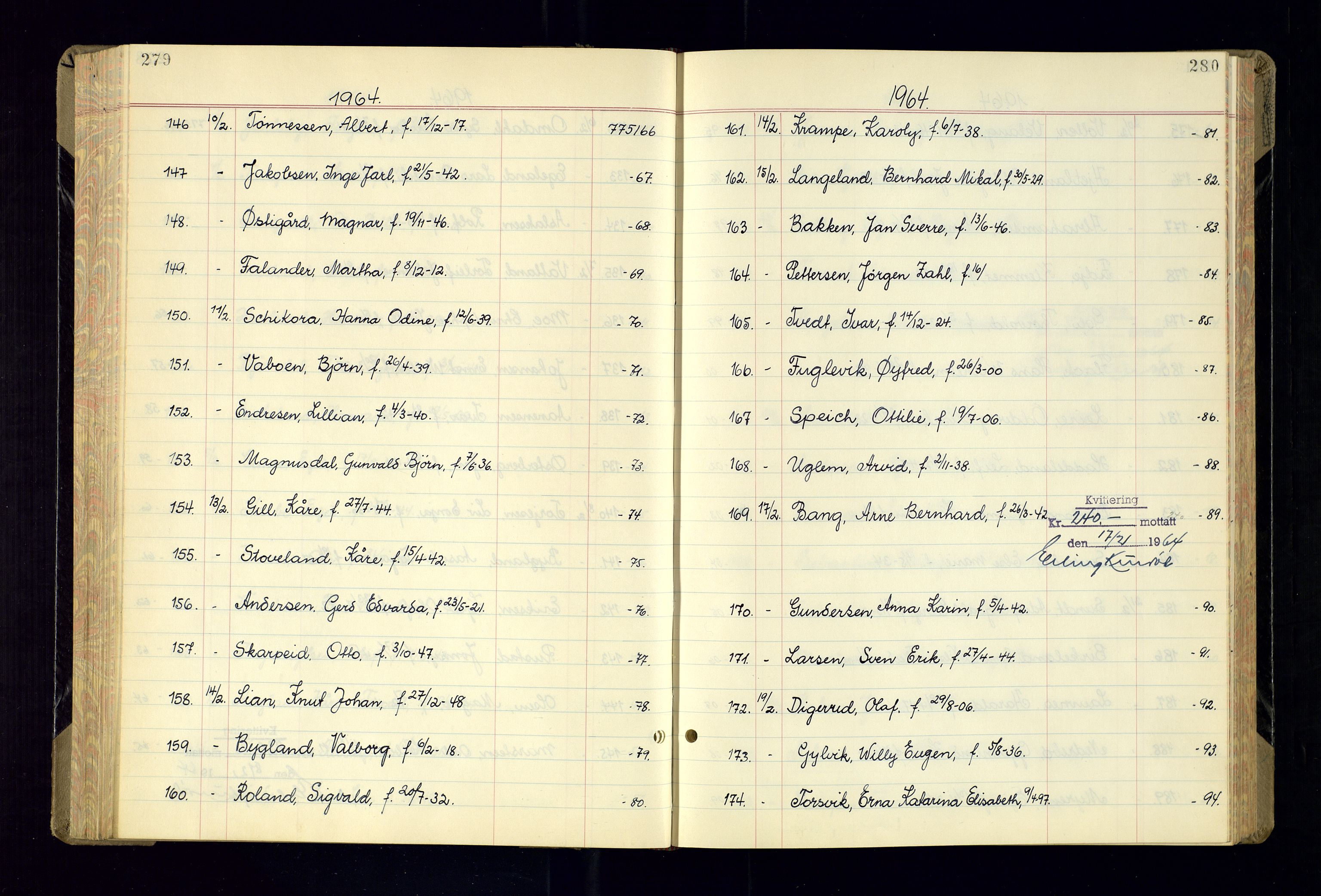 Kristiansand politikammer - 2, AV/SAK-1243-0009/K/Ka/Kaa/L0615: Passprotokoll, liste med løpenumre, 1962-1965, p. 279-280