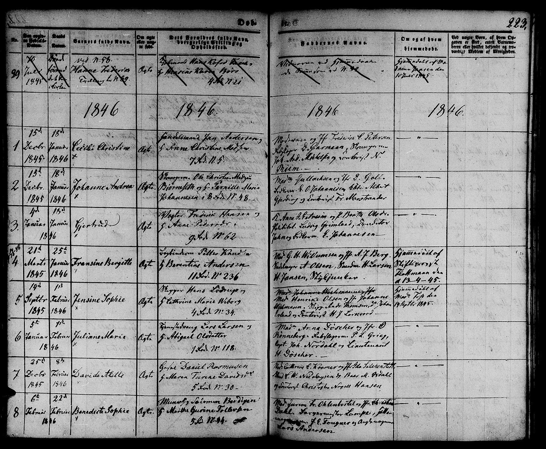 Nykirken Sokneprestembete, SAB/A-77101/H/Hab: Parish register (copy) no. B 1, 1842-1858, p. 223