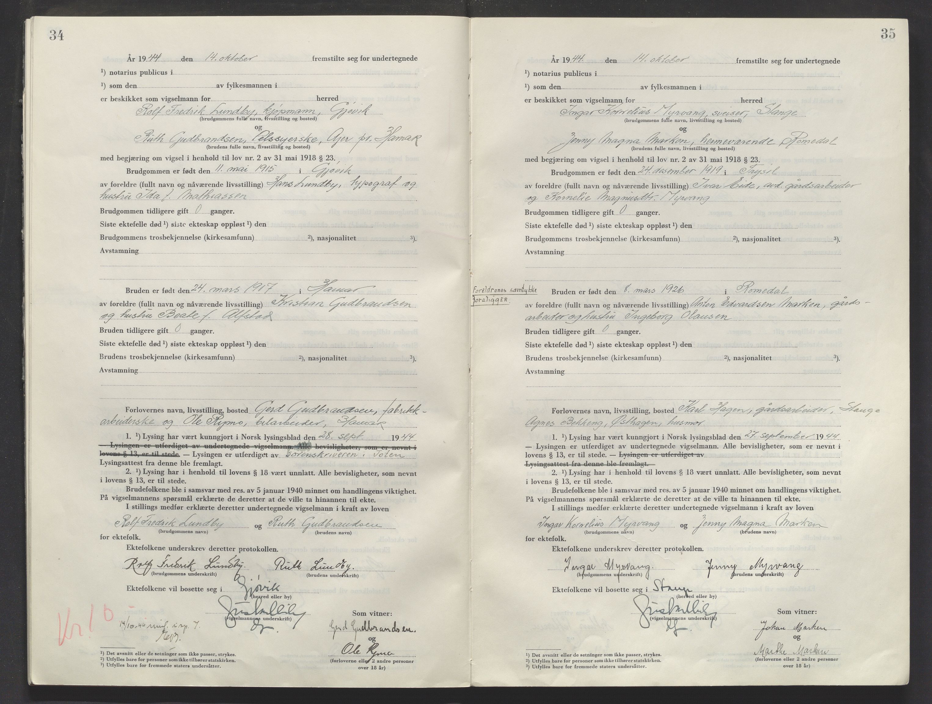 Sør-Hedmark sorenskriveri, AV/SAH-TING-014/L/Le/L0002/0001: Vigselsbøker / Vigselbok, 1944-1945, p. 34-35