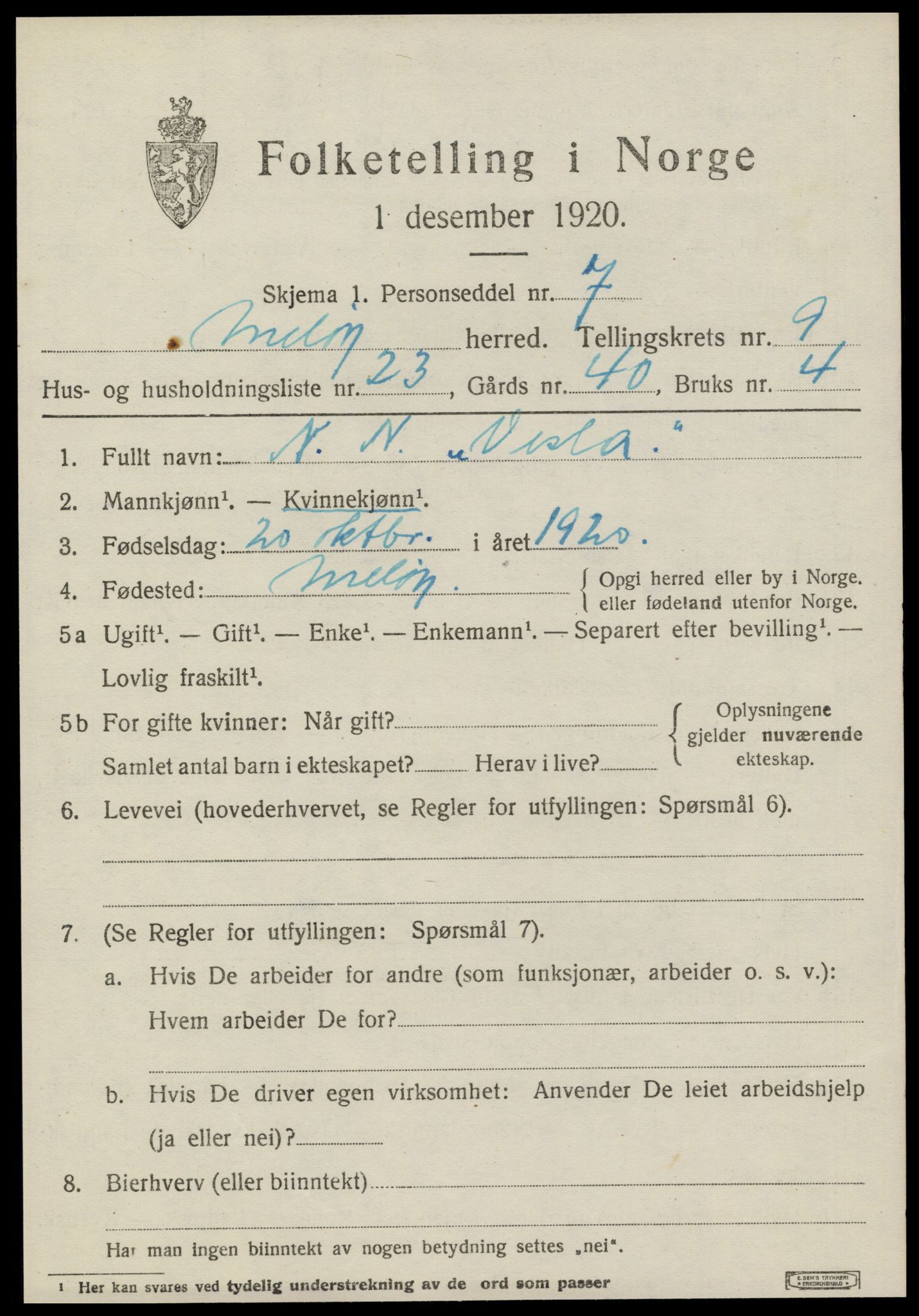 SAT, 1920 census for Meløy, 1920, p. 4721