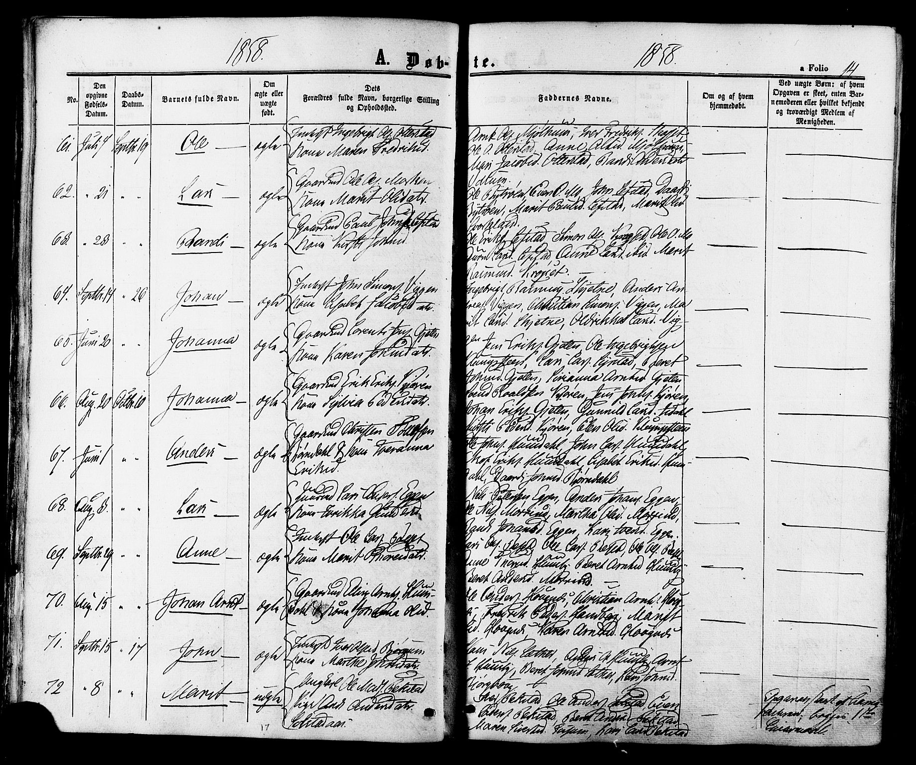 Ministerialprotokoller, klokkerbøker og fødselsregistre - Sør-Trøndelag, AV/SAT-A-1456/665/L0772: Parish register (official) no. 665A07, 1856-1878, p. 14