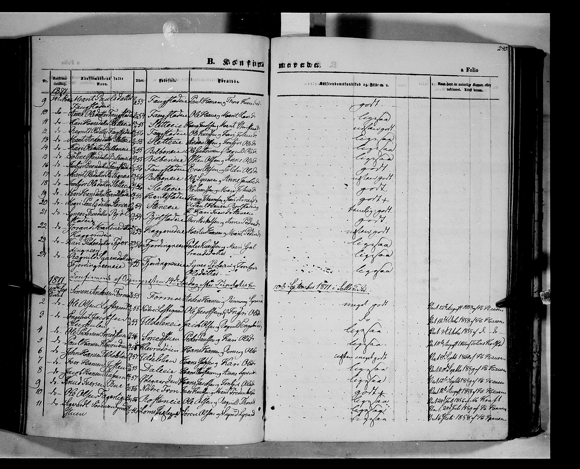 Vågå prestekontor, AV/SAH-PREST-076/H/Ha/Haa/L0006: Parish register (official) no. 6 /1, 1856-1872, p. 240