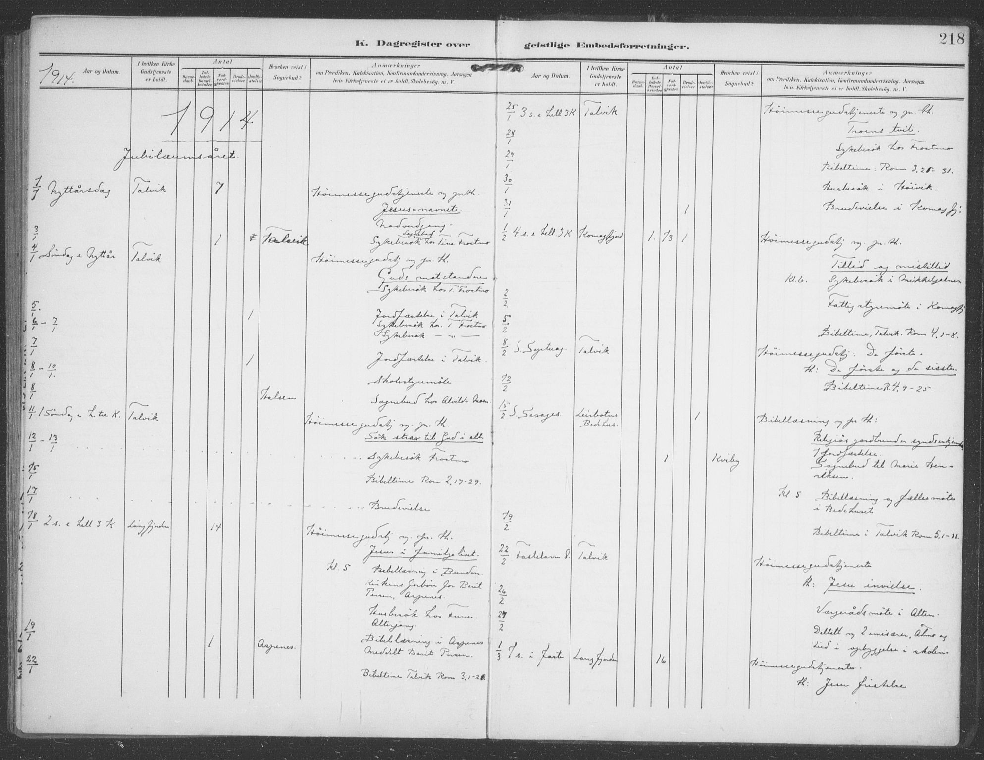 Talvik sokneprestkontor, AV/SATØ-S-1337/H/Ha/L0017kirke: Parish register (official) no. 17, 1906-1915, p. 218