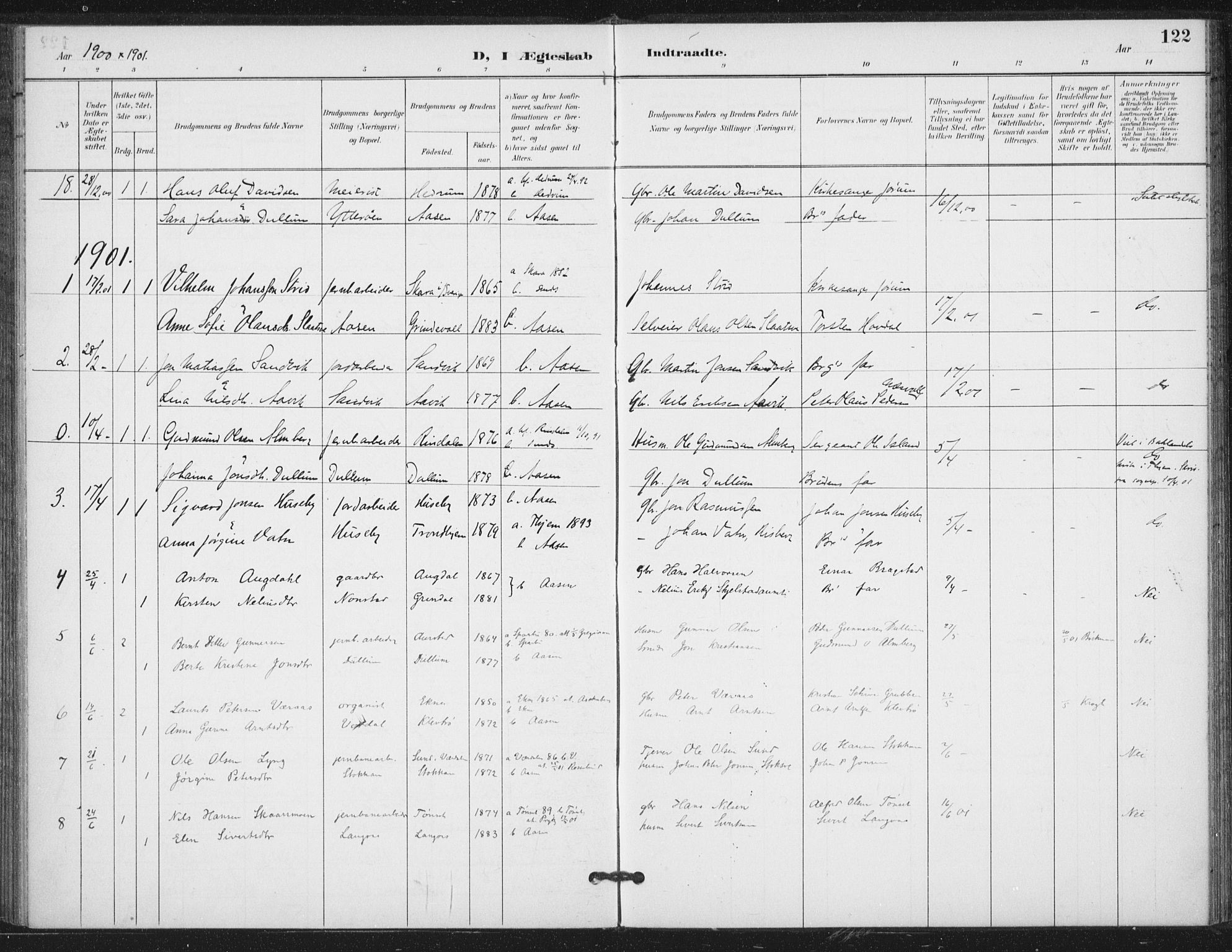 Ministerialprotokoller, klokkerbøker og fødselsregistre - Nord-Trøndelag, SAT/A-1458/714/L0131: Parish register (official) no. 714A02, 1896-1918, p. 122