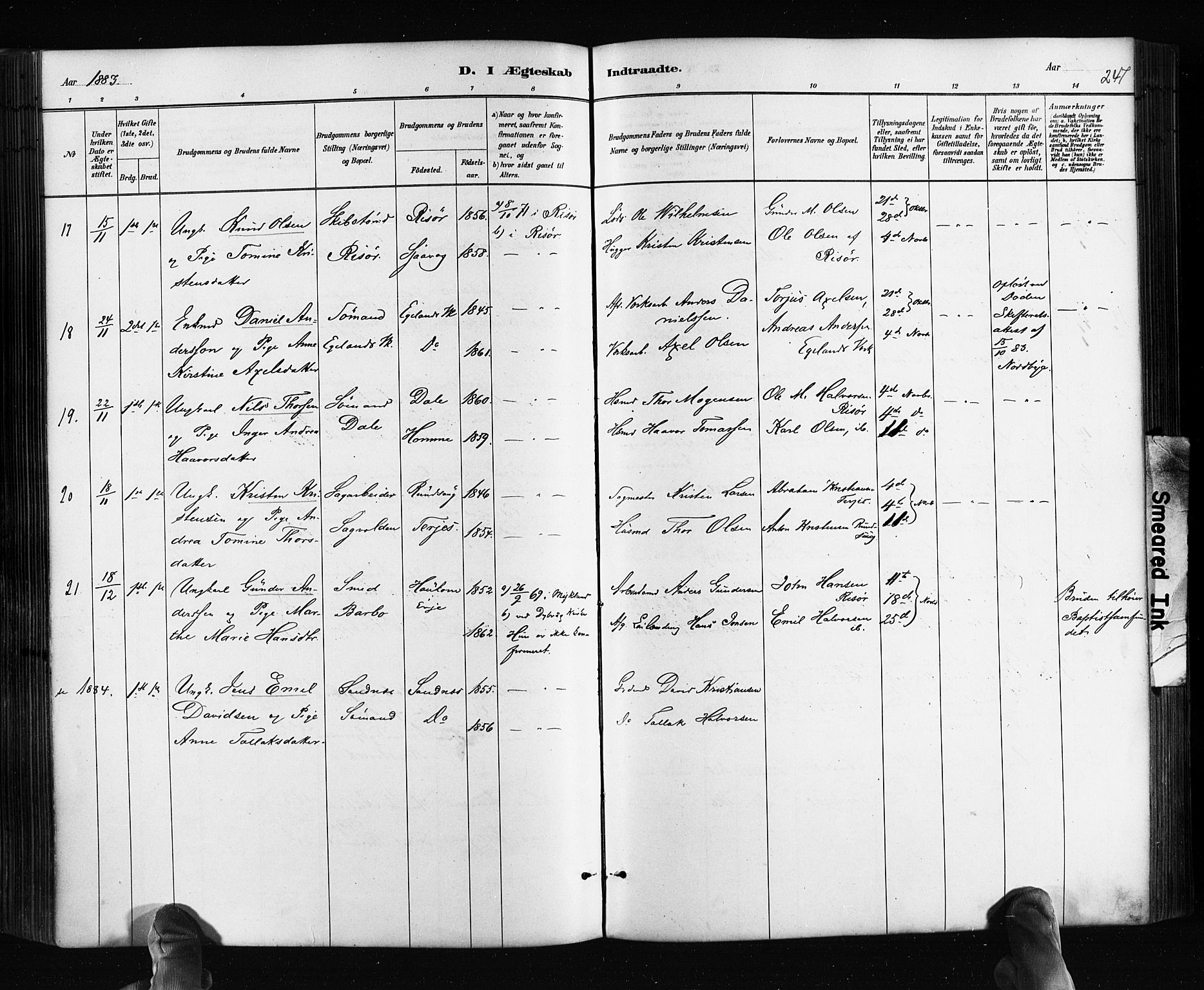 Søndeled sokneprestkontor, AV/SAK-1111-0038/F/Fa/L0004: Parish register (official) no. A 4, 1880-1889, p. 247