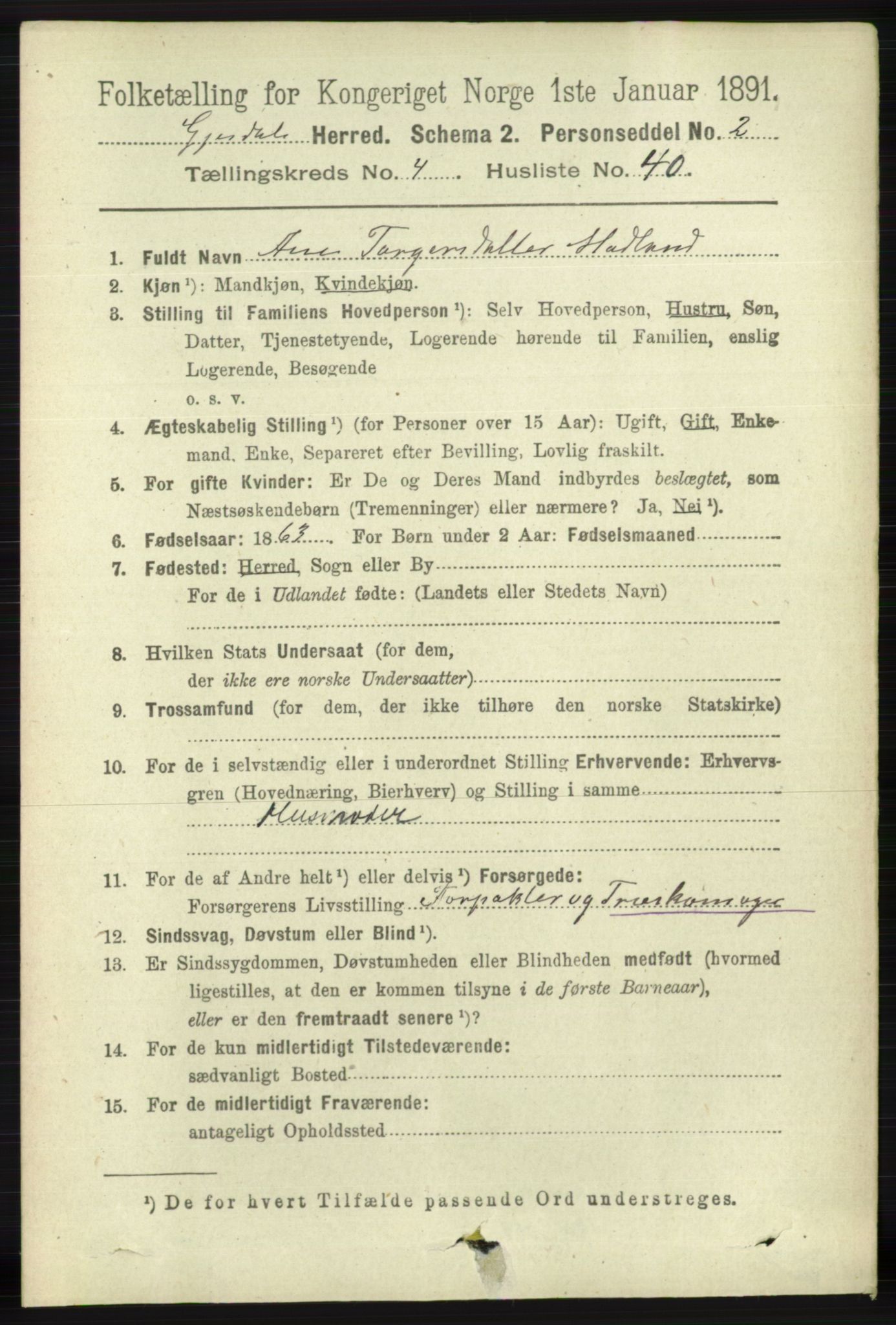 RA, 1891 census for 1122 Gjesdal, 1891, p. 1476