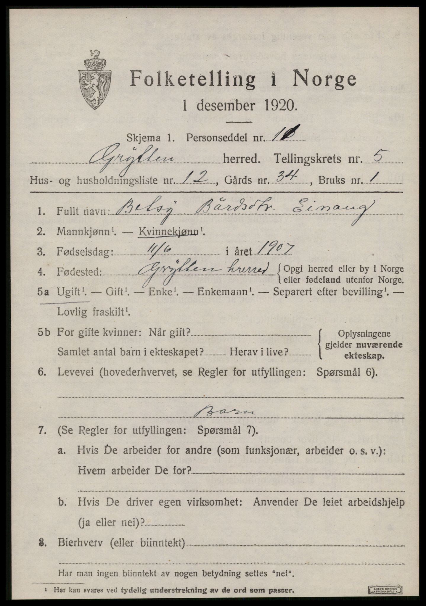 SAT, 1920 census for Grytten, 1920, p. 4086