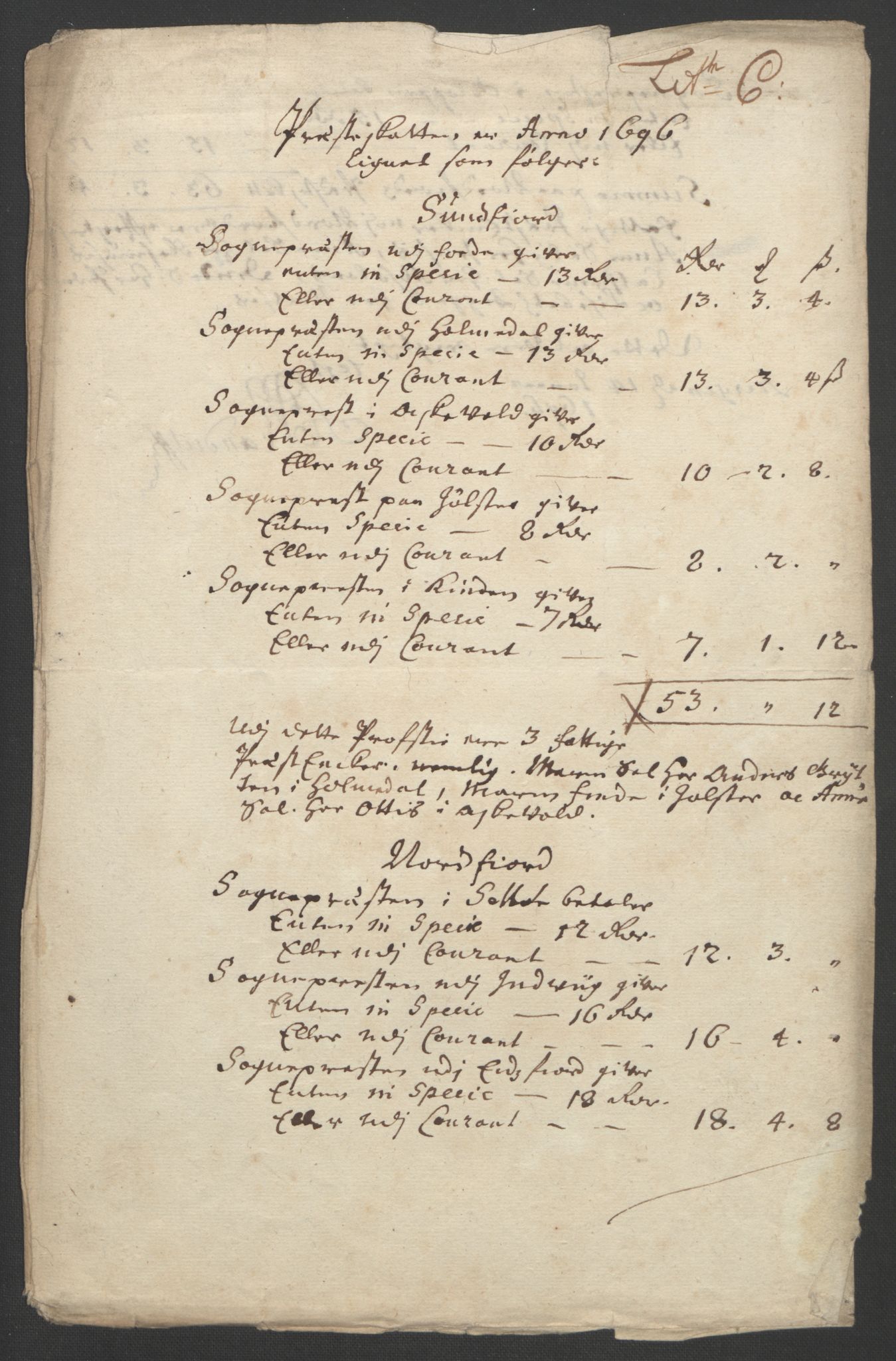 Rentekammeret inntil 1814, Reviderte regnskaper, Fogderegnskap, RA/EA-4092/R53/L3422: Fogderegnskap Sunn- og Nordfjord, 1695-1696, p. 276