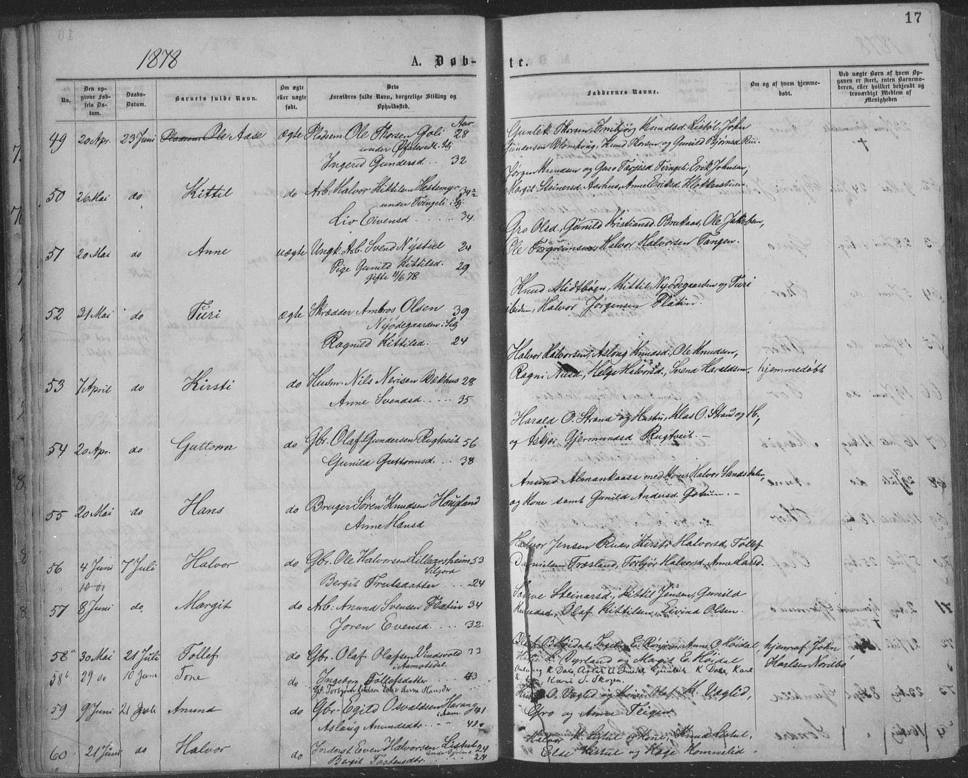 Seljord kirkebøker, AV/SAKO-A-20/F/Fa/L0014: Parish register (official) no. I 14, 1877-1886, p. 17