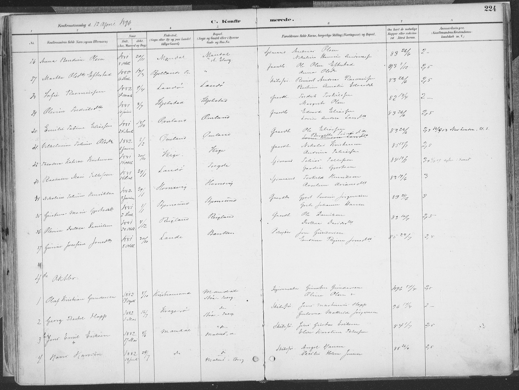 Mandal sokneprestkontor, SAK/1111-0030/F/Fa/Faa/L0018: Parish register (official) no. A 18, 1890-1905, p. 224