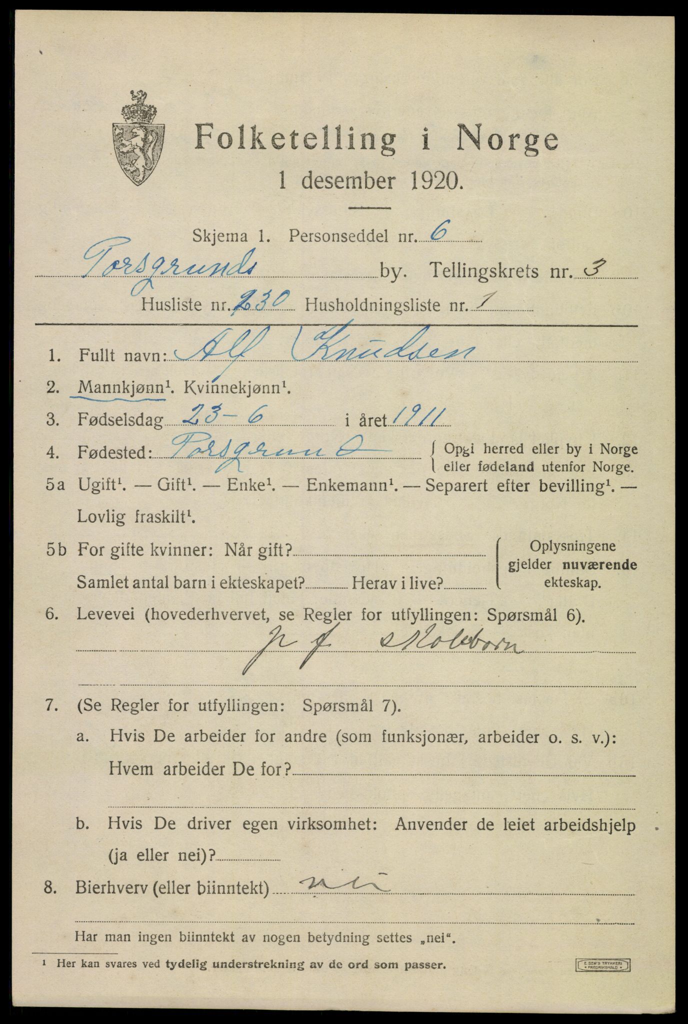 SAKO, 1920 census for Porsgrunn, 1920, p. 17341