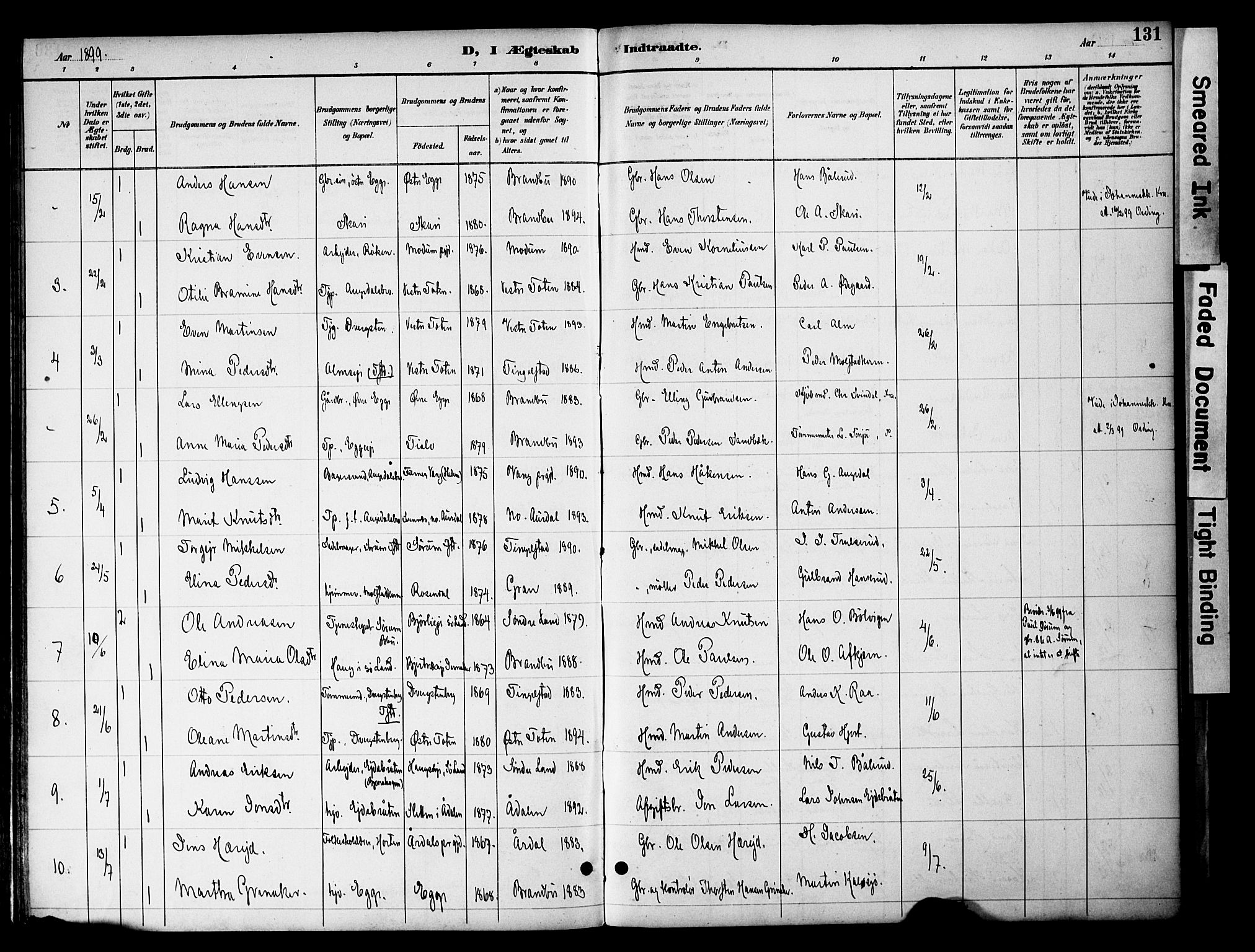 Gran prestekontor, SAH/PREST-112/H/Ha/Haa/L0020: Parish register (official) no. 20, 1889-1899, p. 131