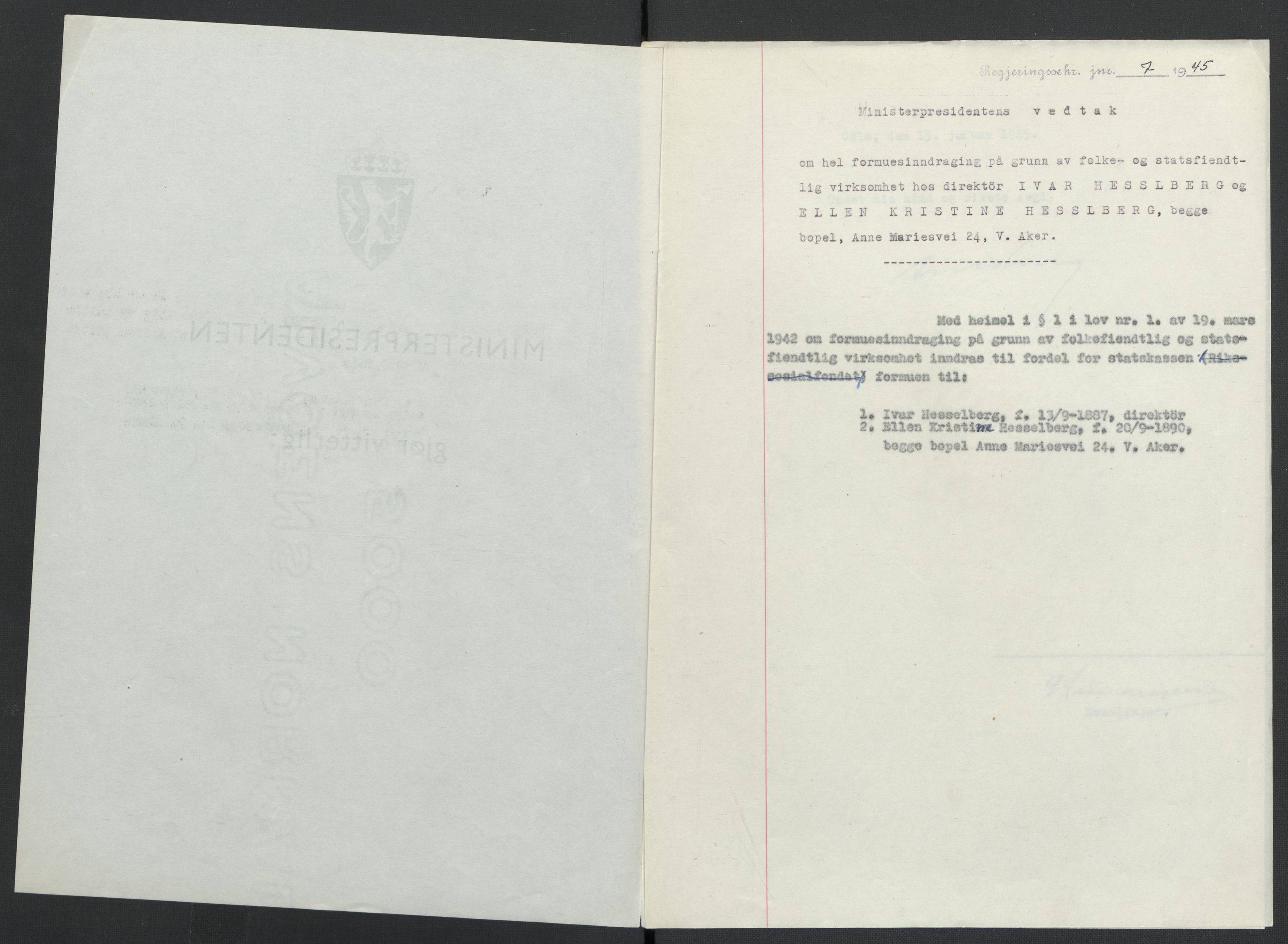 Landssvikarkivet, Oslo politikammer, AV/RA-S-3138-01/D/Da/L0003: Dnr. 29, 1945, p. 1309