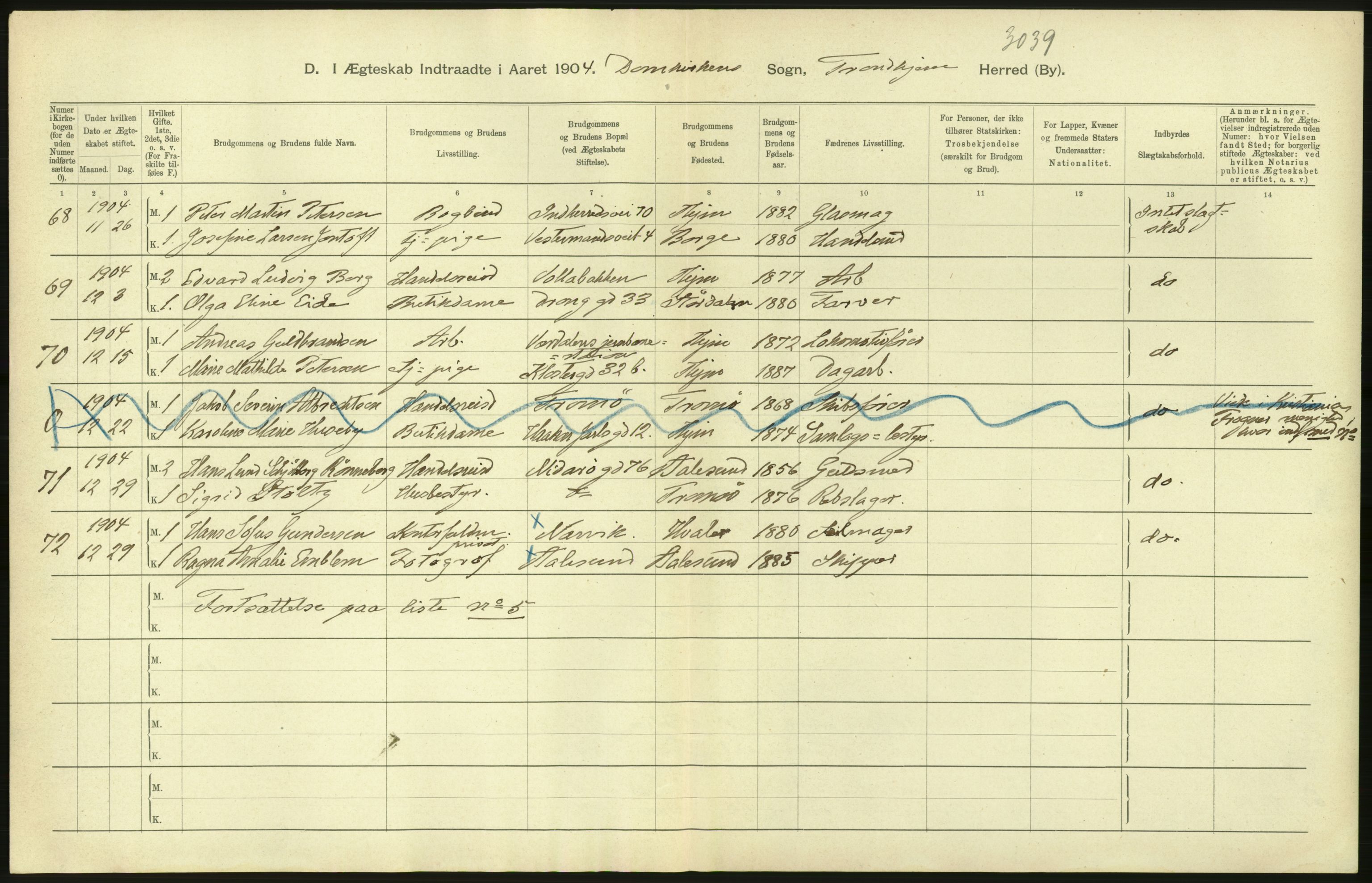 Statistisk sentralbyrå, Sosiodemografiske emner, Befolkning, AV/RA-S-2228/D/Df/Dfa/Dfab/L0018: Trondhjem: Fødte, gifte, døde., 1904, p. 154