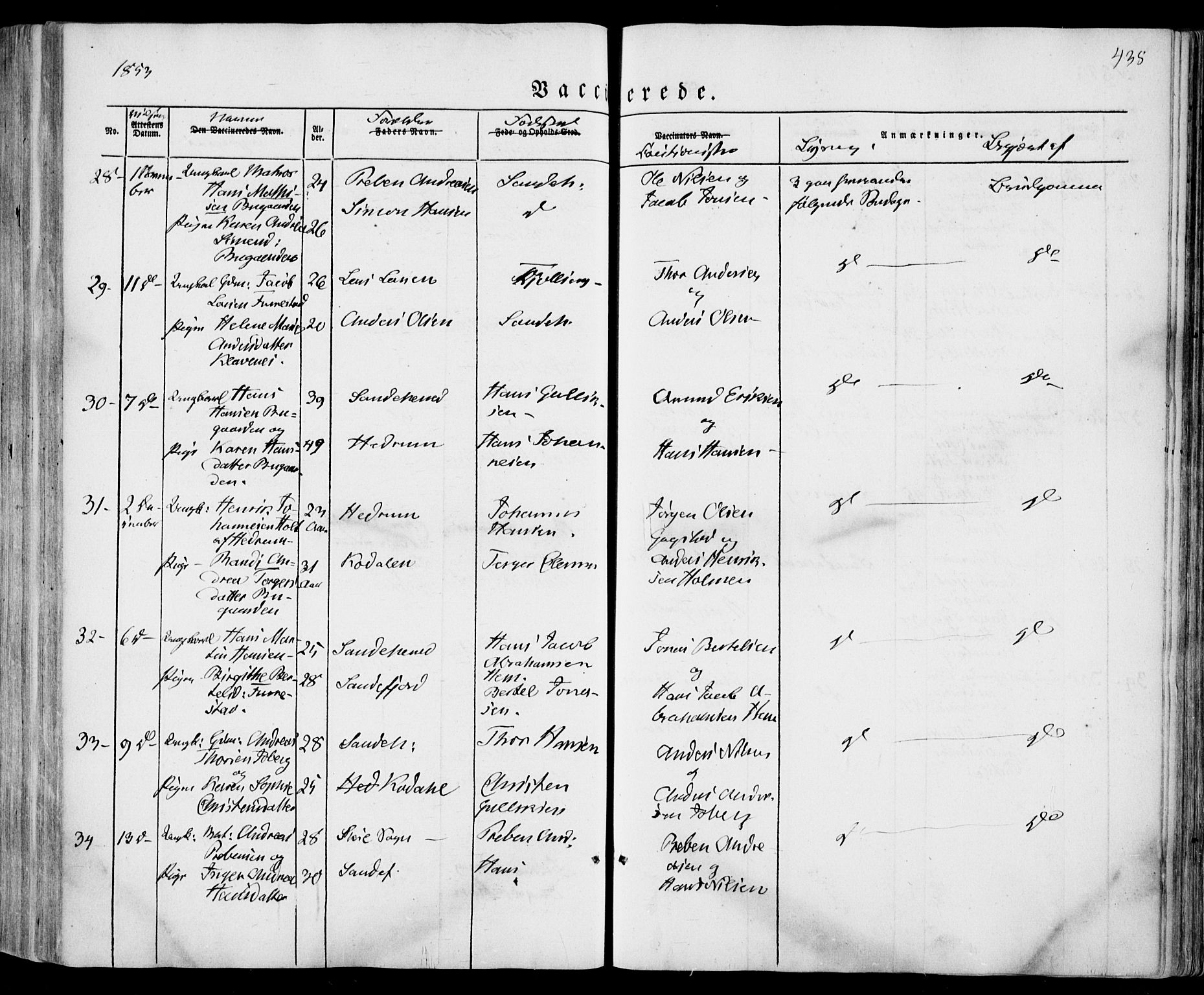Sandar kirkebøker, SAKO/A-243/F/Fa/L0006: Parish register (official) no. 6, 1847-1860, p. 438