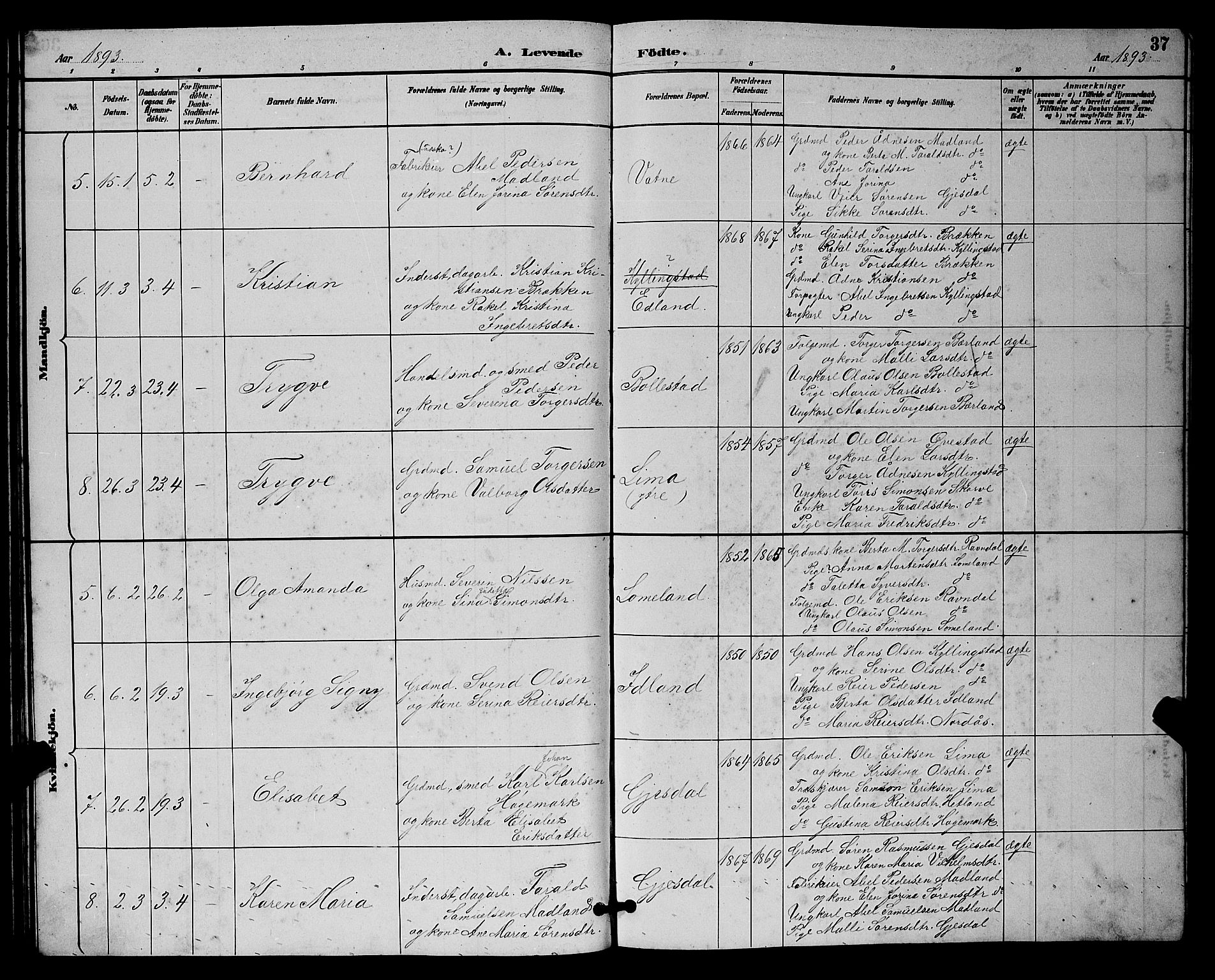 Lye sokneprestkontor, AV/SAST-A-101794/001/30BB/L0008: Parish register (copy) no. B 7, 1887-1901, p. 37