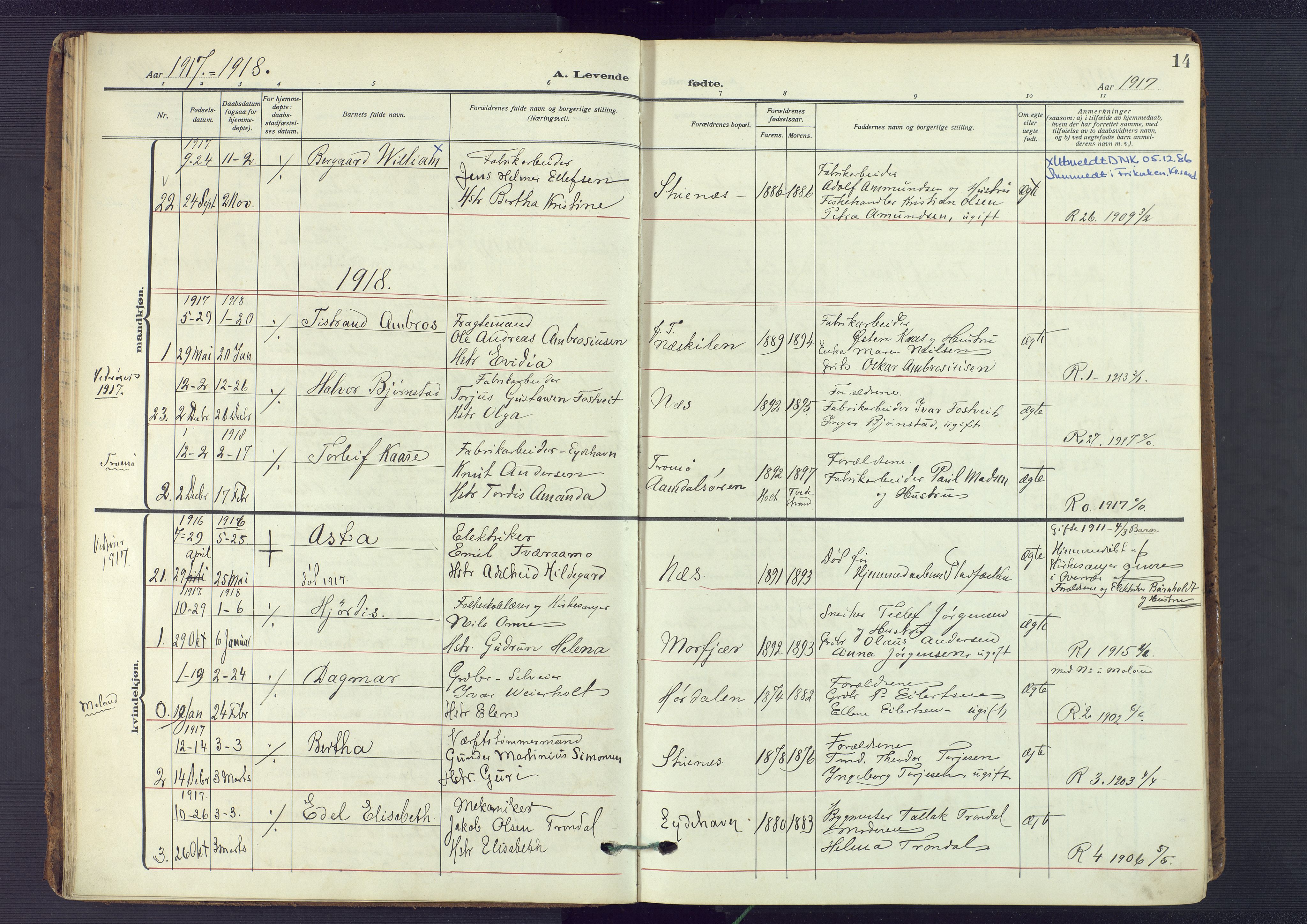 Austre Moland sokneprestkontor, SAK/1111-0001/F/Fa/Fab/L0003: Parish register (official) no. A 3, 1914-1927, p. 14