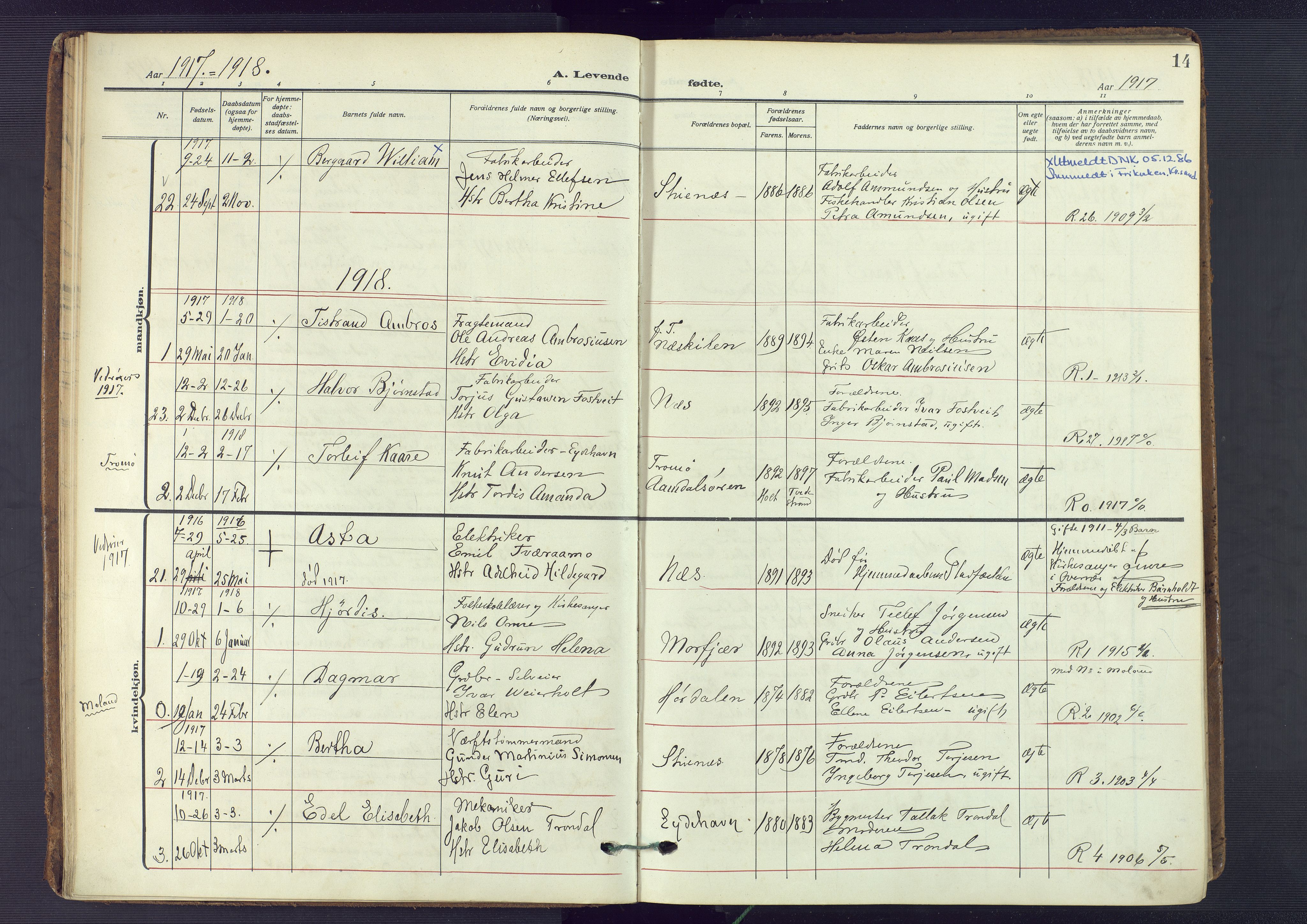 Austre Moland sokneprestkontor, AV/SAK-1111-0001/F/Fa/Fab/L0003: Parish register (official) no. A 3, 1914-1927, p. 14