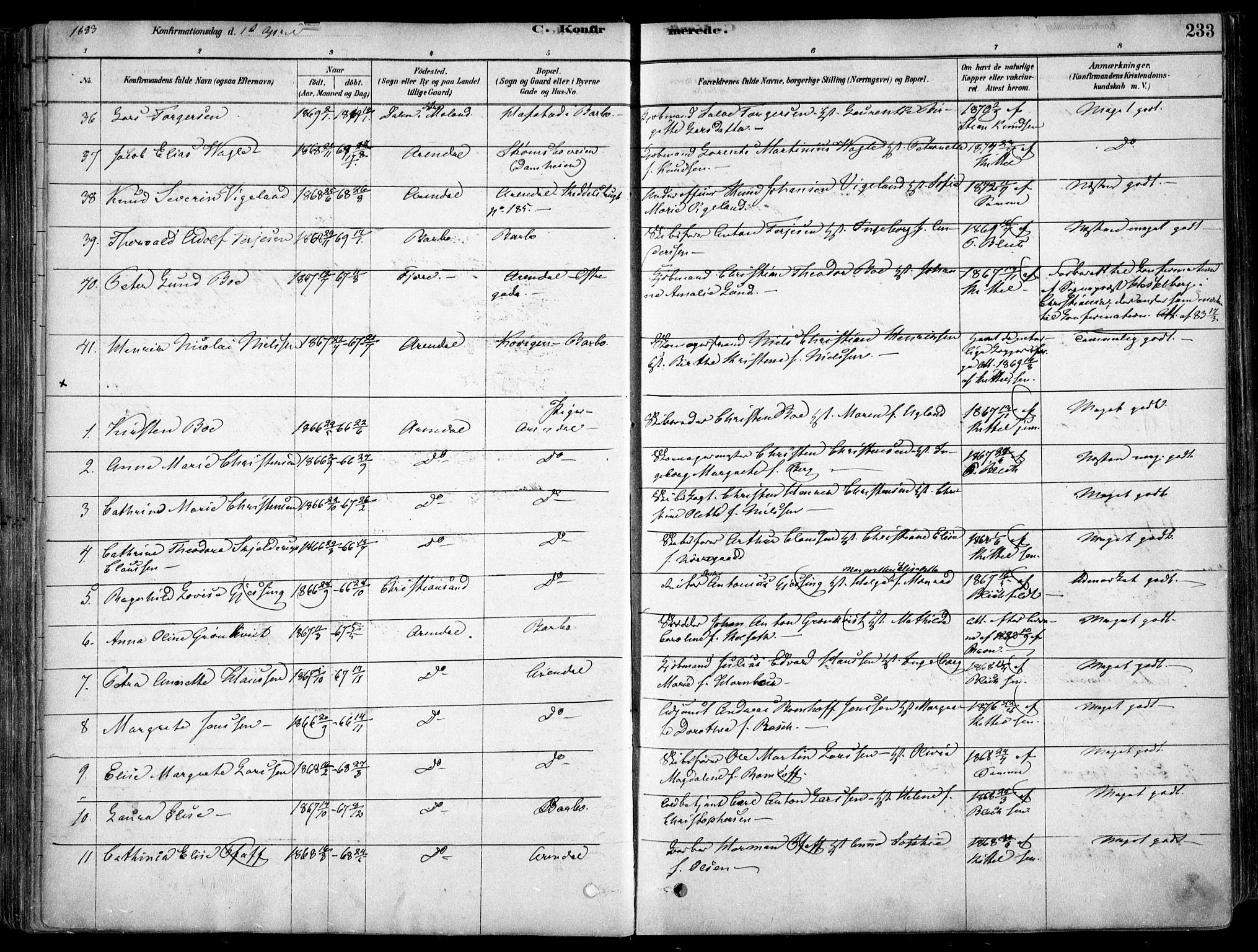 Arendal sokneprestkontor, Trefoldighet, AV/SAK-1111-0040/F/Fa/L0008: Parish register (official) no. A 8, 1878-1899, p. 233