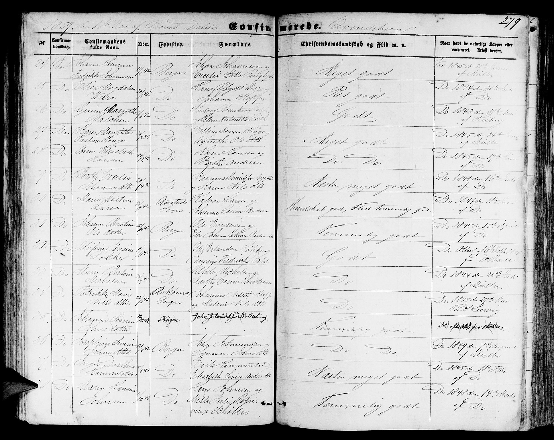 Domkirken sokneprestembete, SAB/A-74801/H/Hab/L0023: Parish register (copy) no. C 3, 1854-1880, p. 279