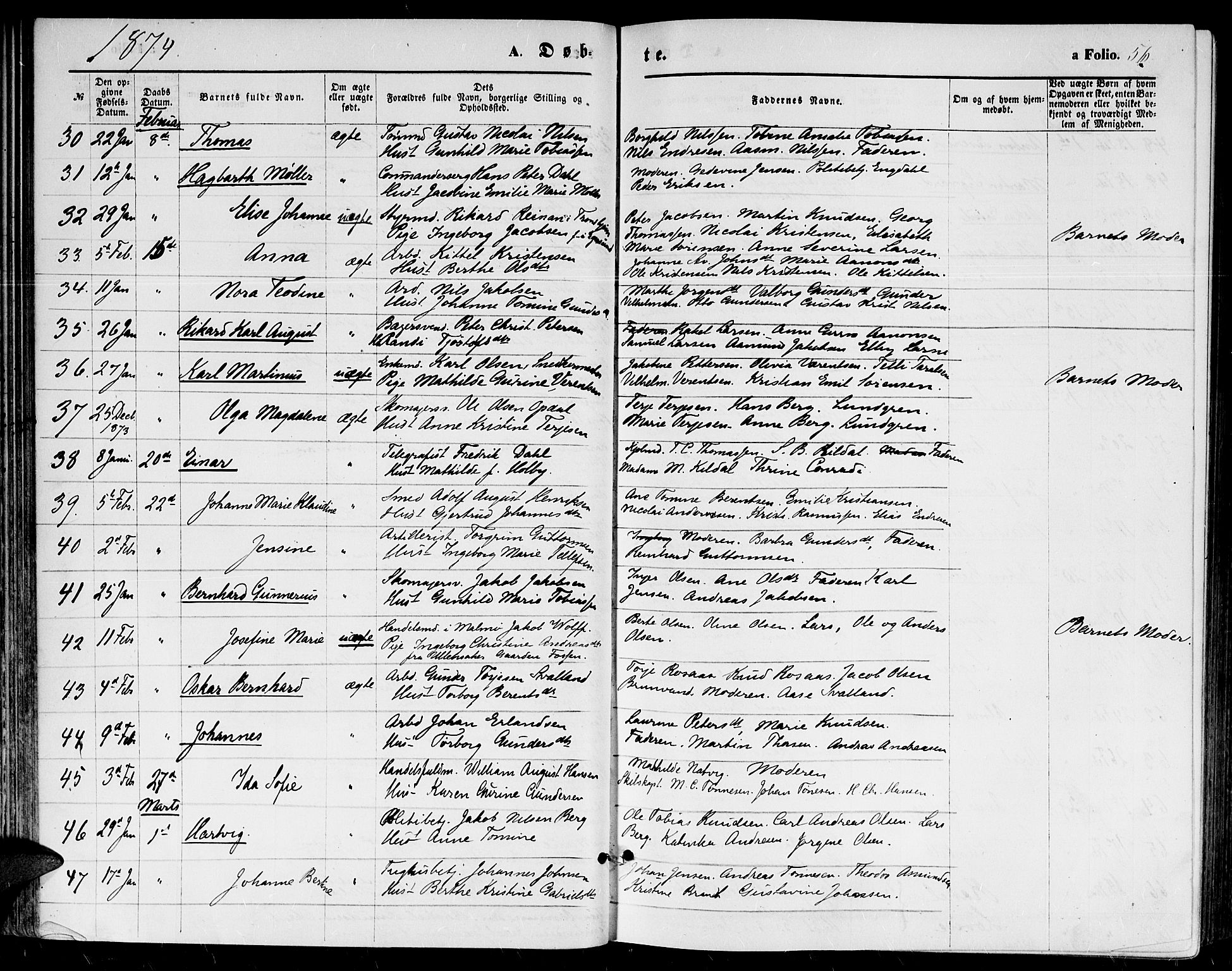 Kristiansand domprosti, AV/SAK-1112-0006/F/Fb/L0013: Parish register (copy) no. B 13, 1871-1880, p. 56
