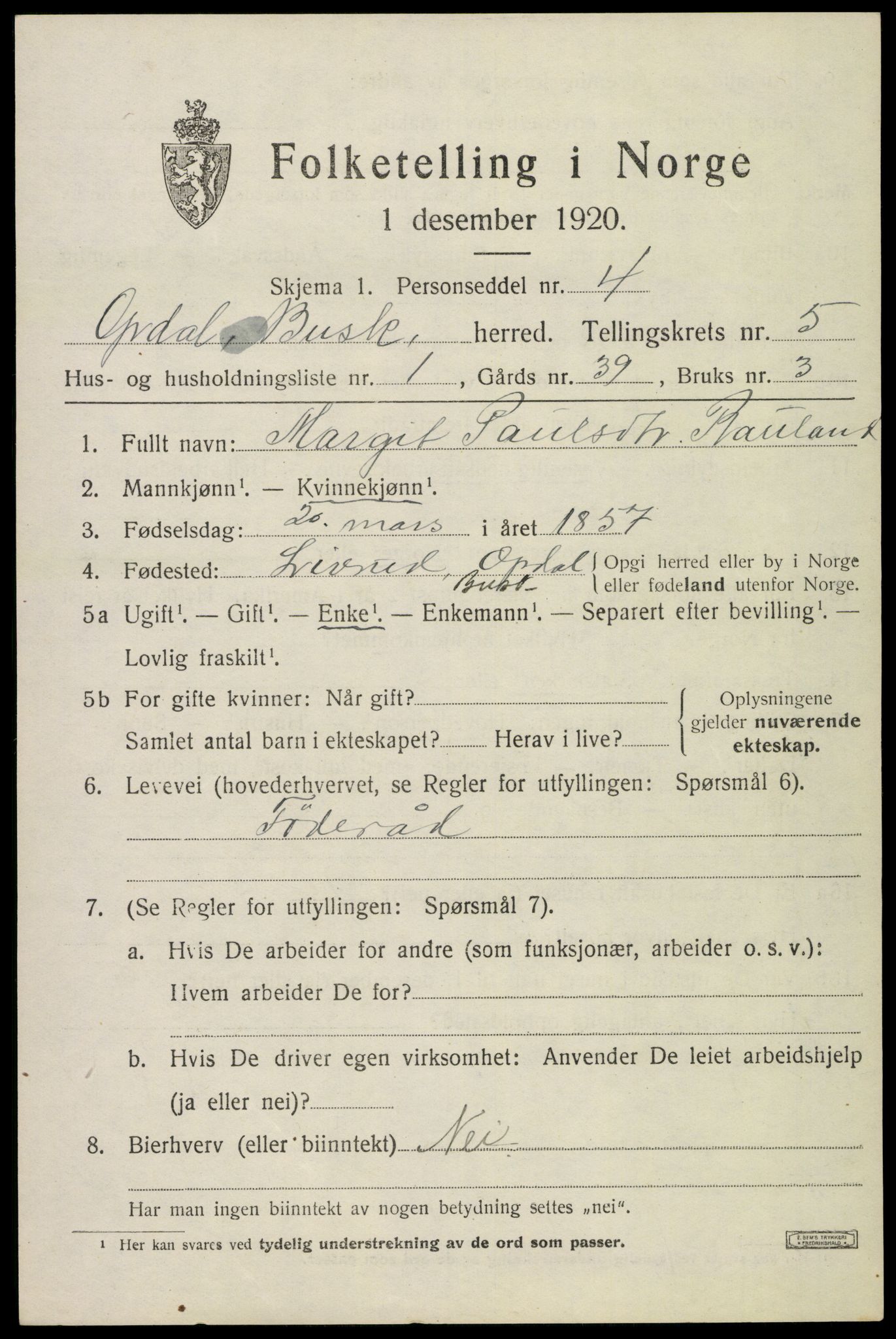 SAKO, 1920 census for Uvdal, 1920, p. 2317