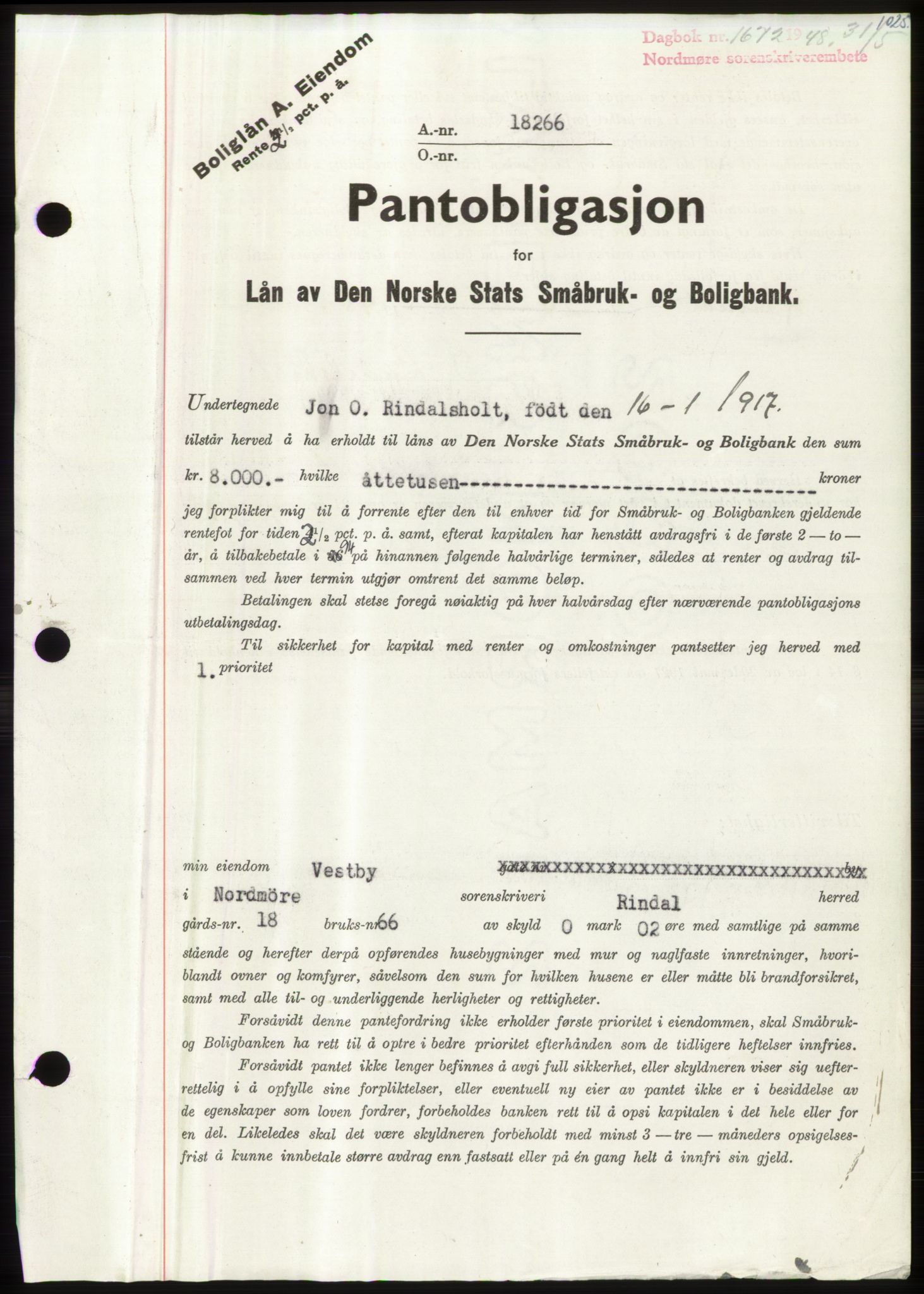 Nordmøre sorenskriveri, AV/SAT-A-4132/1/2/2Ca: Mortgage book no. B98, 1948-1948, Diary no: : 1672/1948