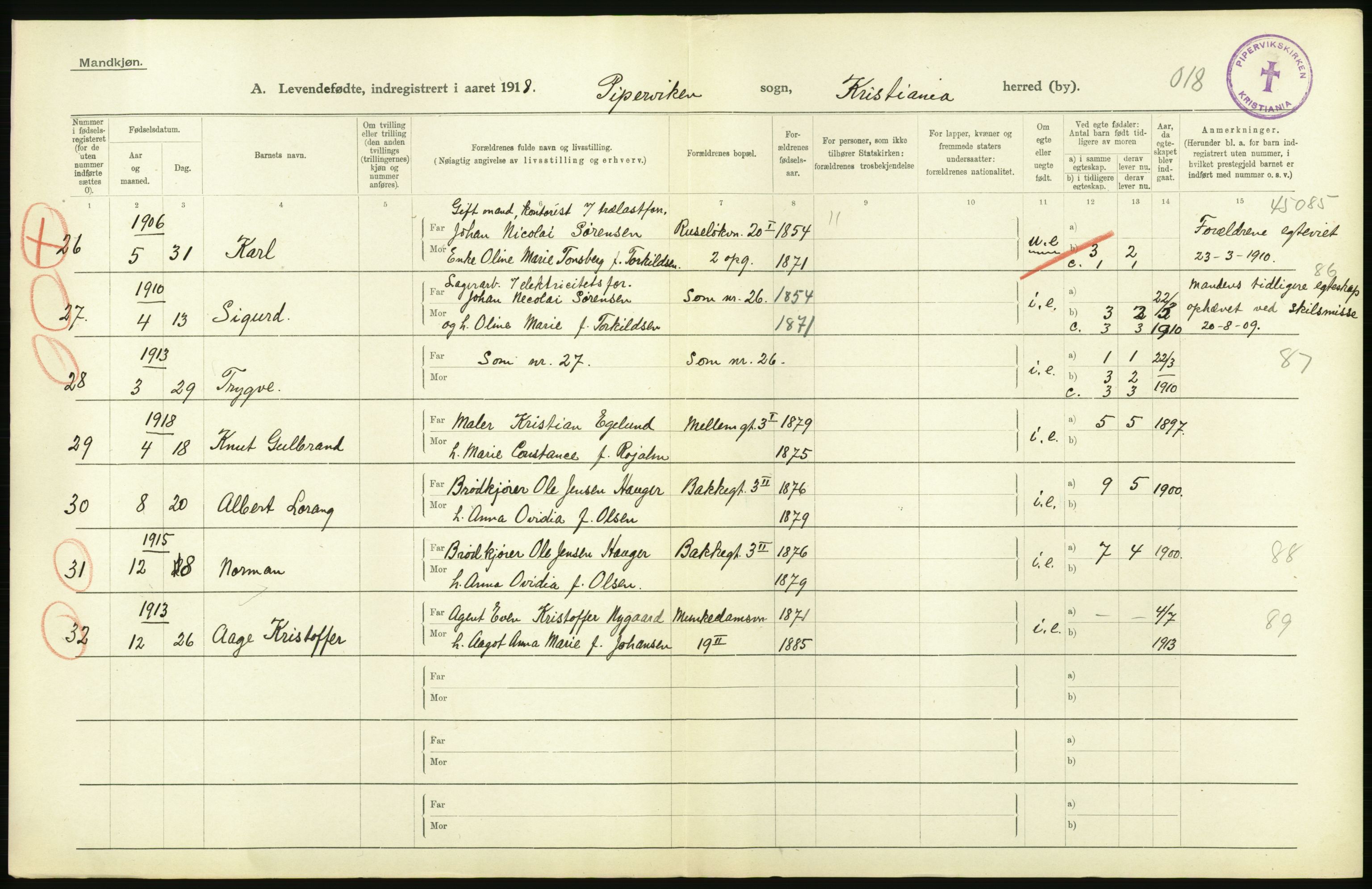 Statistisk sentralbyrå, Sosiodemografiske emner, Befolkning, AV/RA-S-2228/D/Df/Dfb/Dfbh/L0008: Kristiania: Levendefødte menn og kvinner., 1918, p. 216