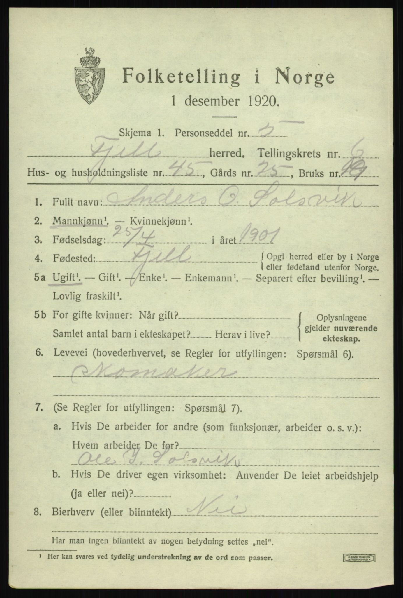 SAB, 1920 census for Fjell, 1920, p. 5848