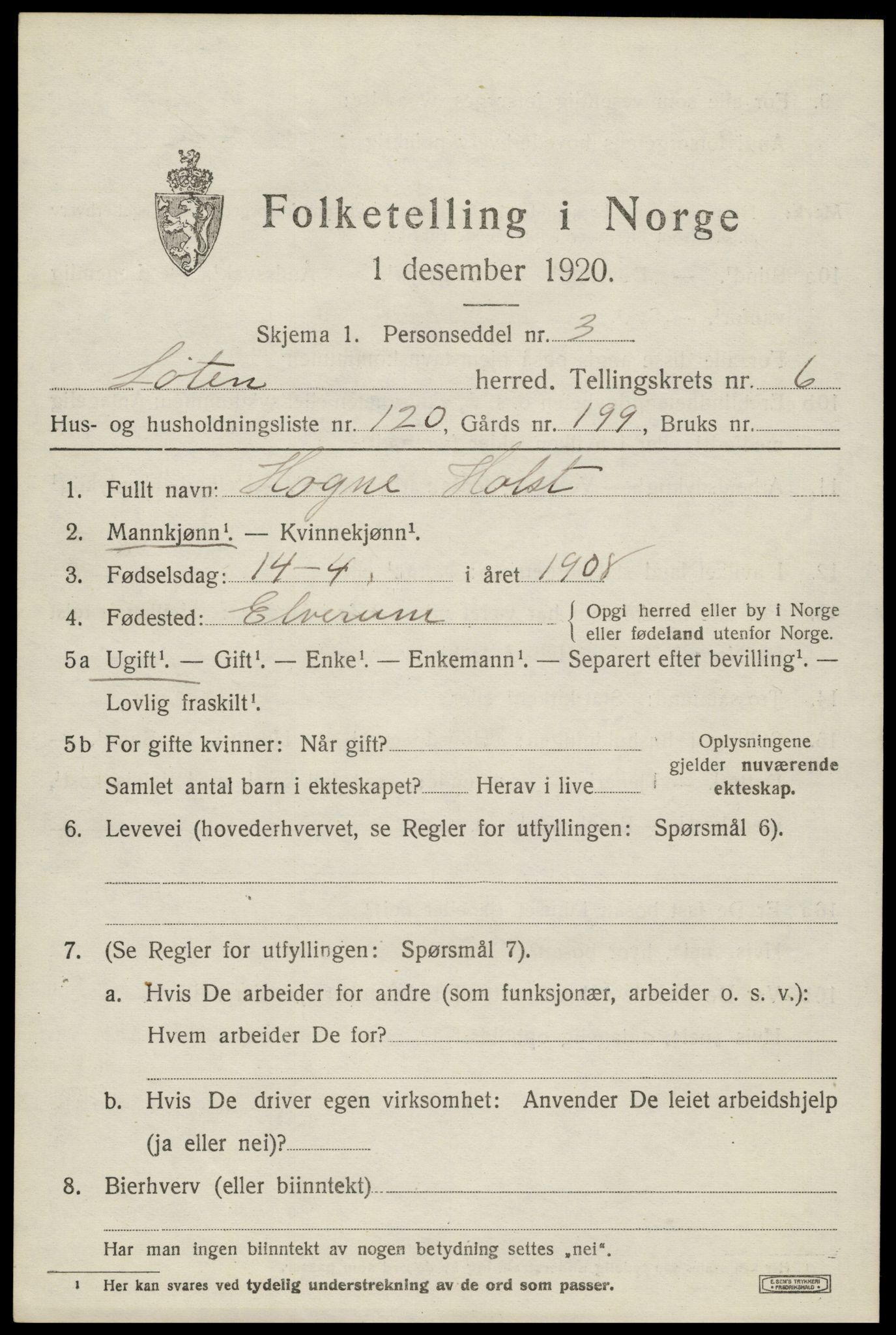 SAH, 1920 census for Løten, 1920, p. 13215