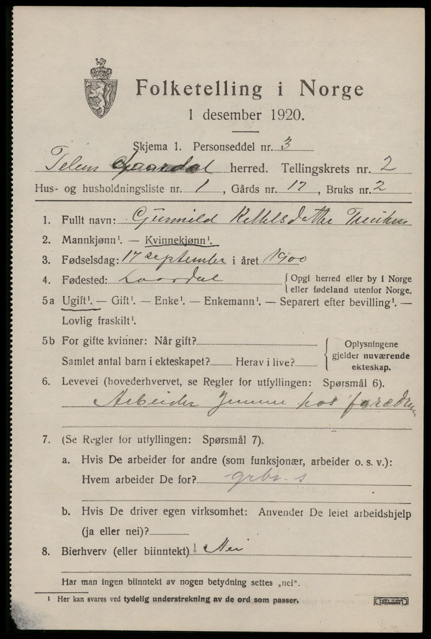 SAKO, 1920 census for Lårdal, 1920, p. 1199