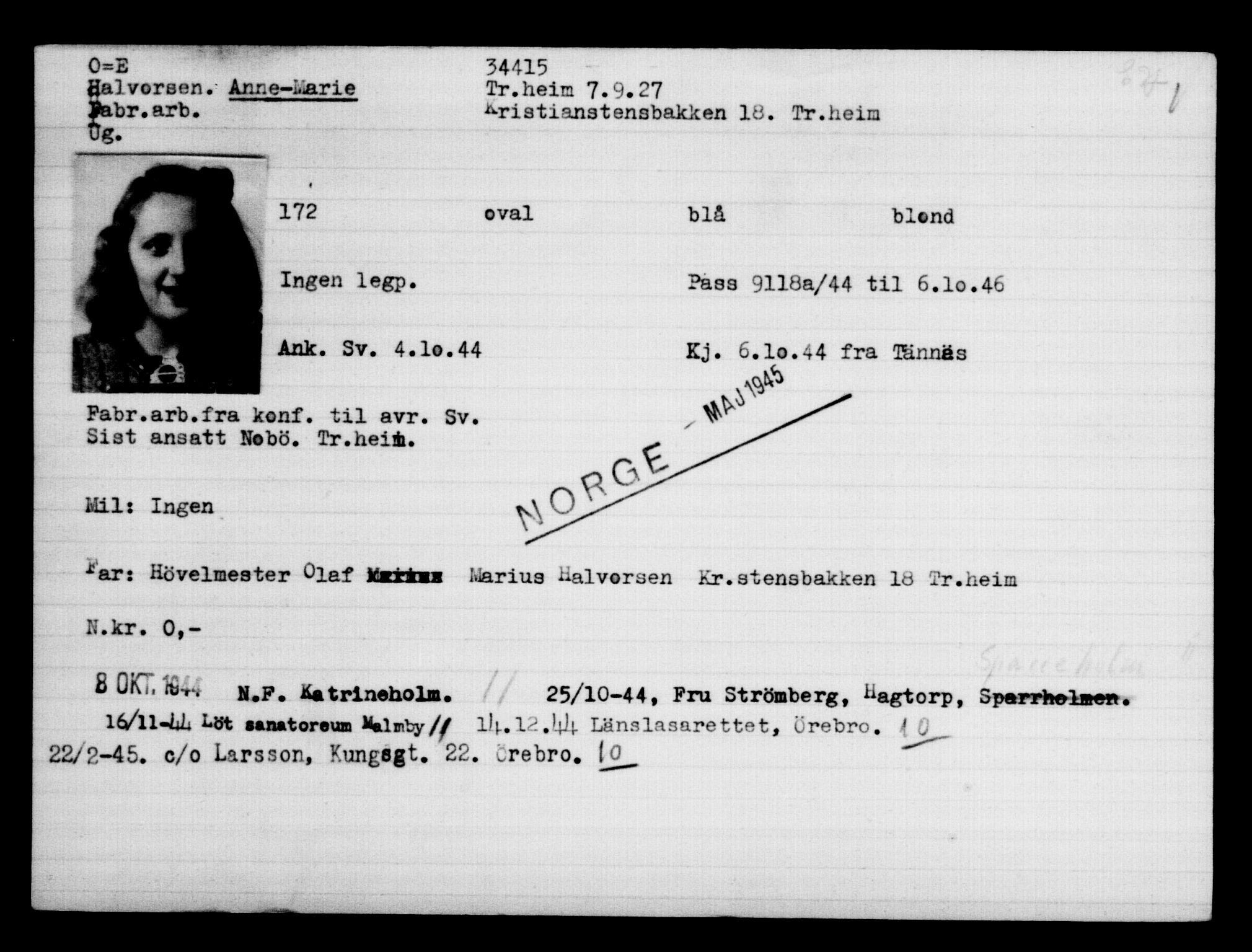 Utenriksstasjonene, Legasjonen i Stockholm, Flyktningkontoret, AV/RA-S-6753/V/Va/L0013: Kjesäterkartoteket, flyktninger med registreringsnr. 31500-34731, 1940-1945, p. 3069
