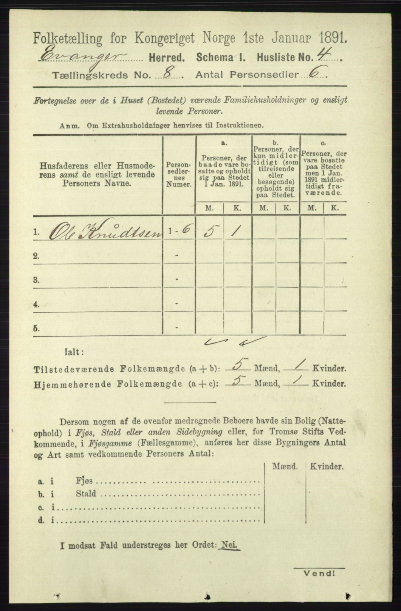 RA, 1891 census for 1237 Evanger, 1891, p. 2250